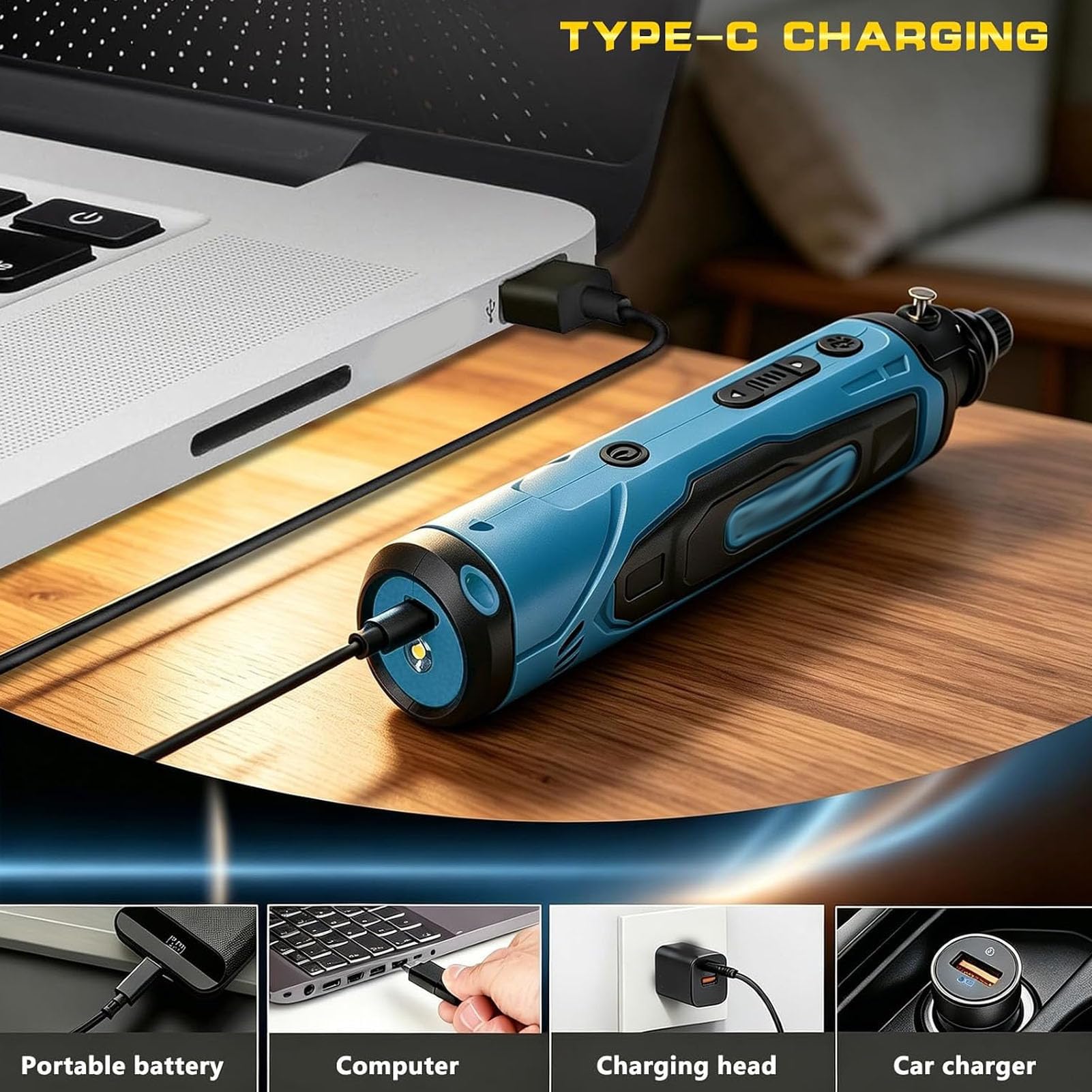 FTVOGUE Kit Utensile Rotativo Senza Fili, Set Multifunzione 4 in 1 per | Testine Intercambiabili, 5 velocità Fino a 19.000 Giri/min, Batteria 2000 MAh con Ricarica Type-C, Ideale per Bricolage e