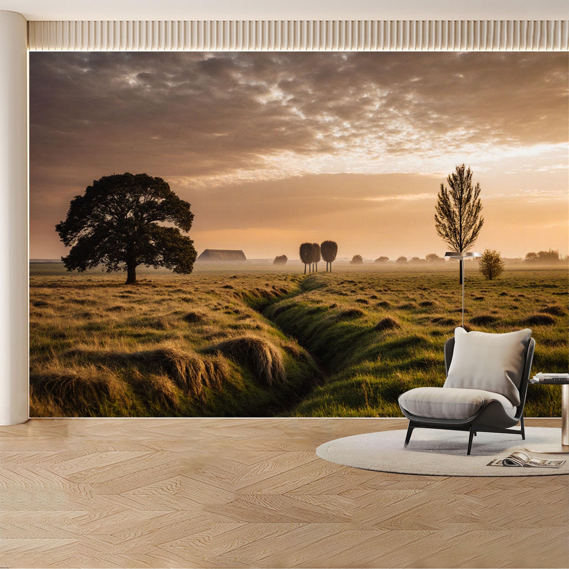 Custom Wall Mural Wallpaper Meadow Trees Landscape Nature 3D Effect Wall Decor Sunset Misty Removable SelfAdhesive Large Photo for Living Room， Bedroom， Office