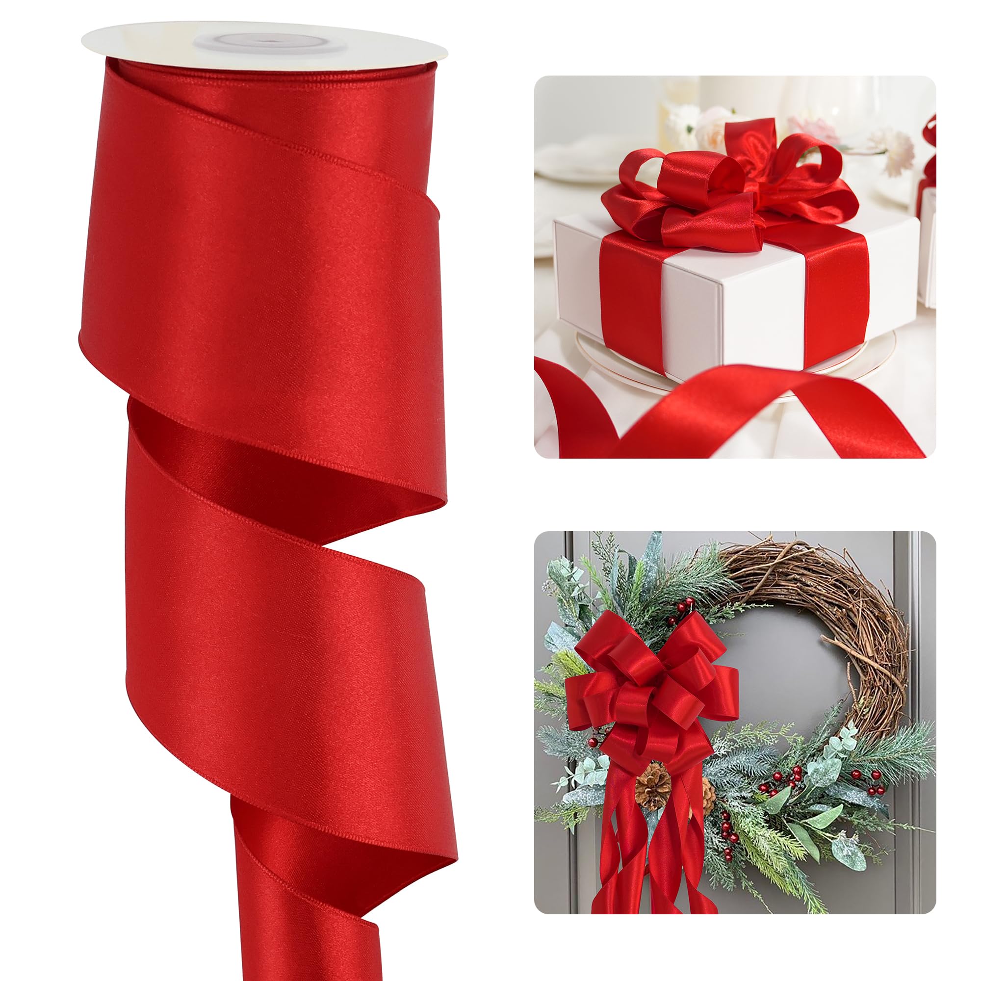Amazon.com: HUIHUANG Red Wired Satin Ribbon 2.5 inch Red Wire Edge ...