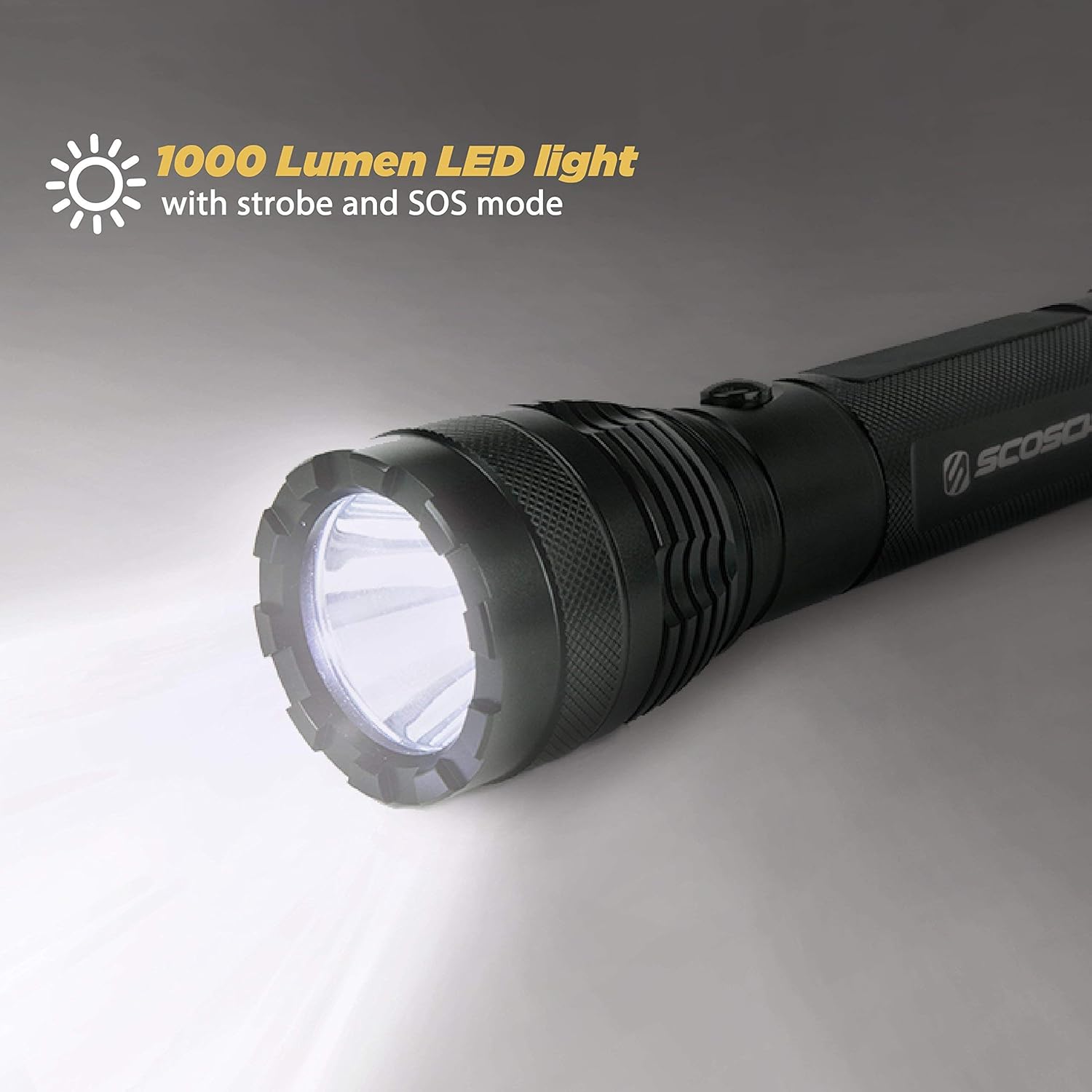 The Scosche PBJF400 flashlight emitting a bright 1000 lumen LED light.