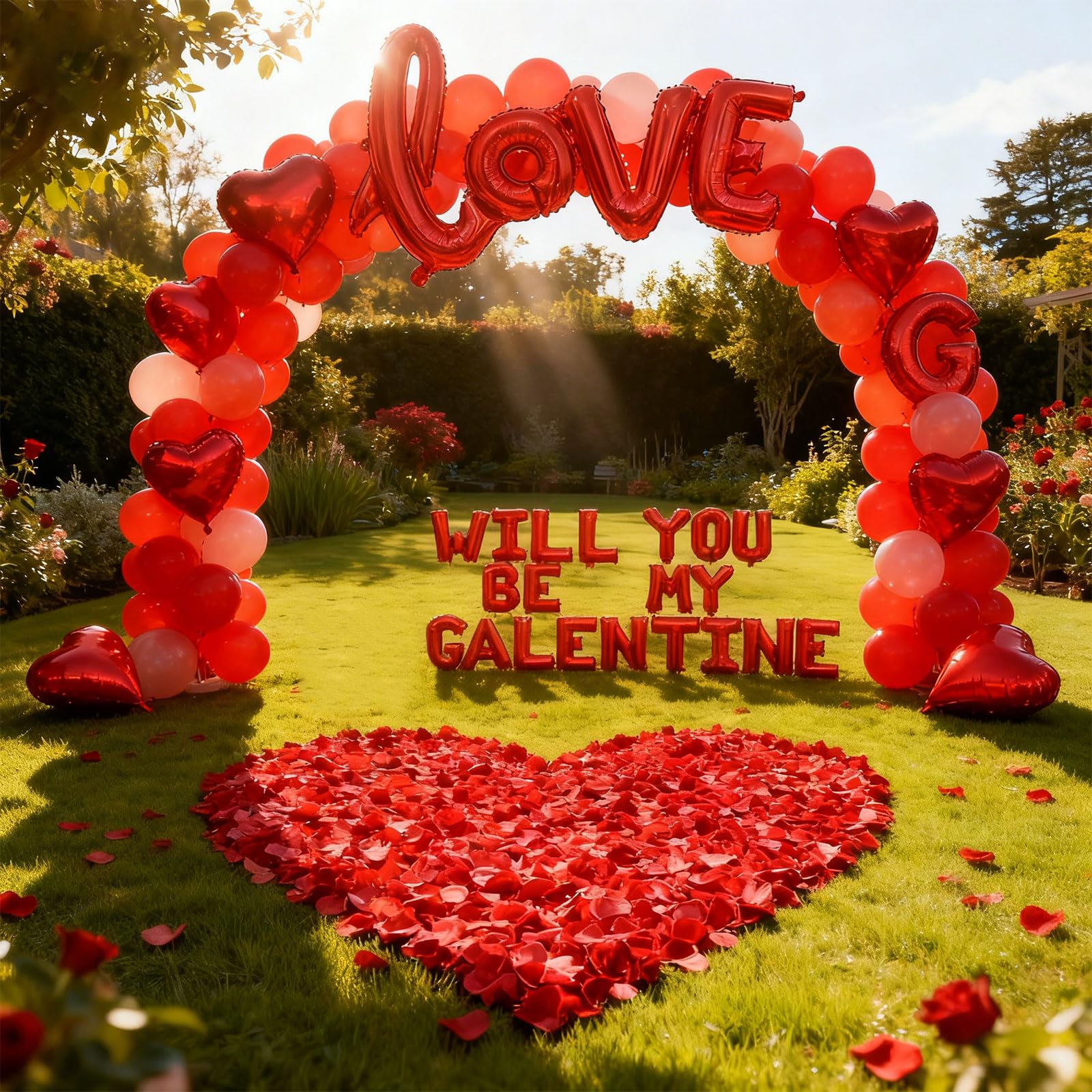 Czerwone balony 'WILL YOU BE MY GALENTINE' na dekoracje walentynkowe - czerwone sztuczne płatki róż 40 cm balon z literami 45 cm balony w kształcie serca szczęśliwy dzień galentyny romantyczny wystrój
