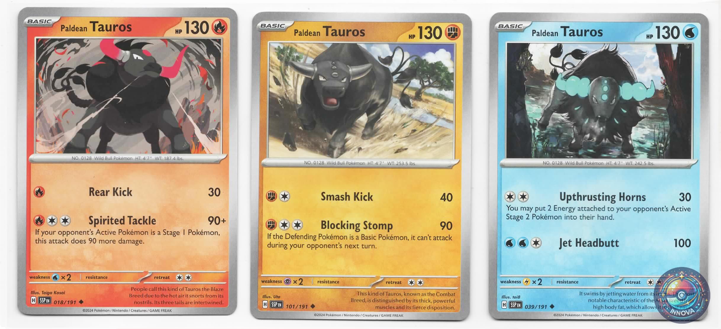 Amazon.com: Paldean Tauros 018/191 – Surging Sparks – Pokemon Trio Card Lot  – Fire Water Fighting : Toys & Games