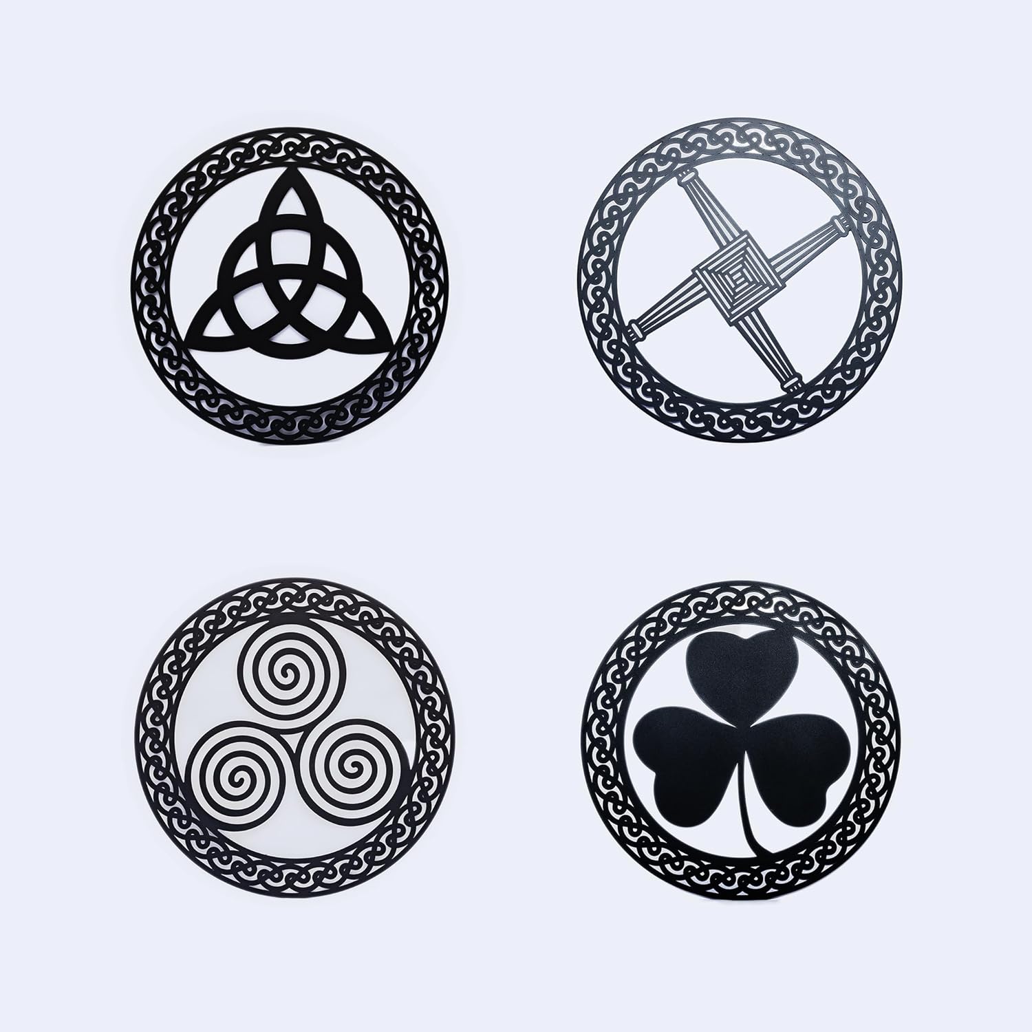 Exclusively Irish Set of 4 Black Matt Wall Hangs Collection of Trinity Knot St Brigit's Cross Triskelion Shamrock Leaf Celtic Home Decor Art House Plaque Present Irish Accessories Housewarming Gift