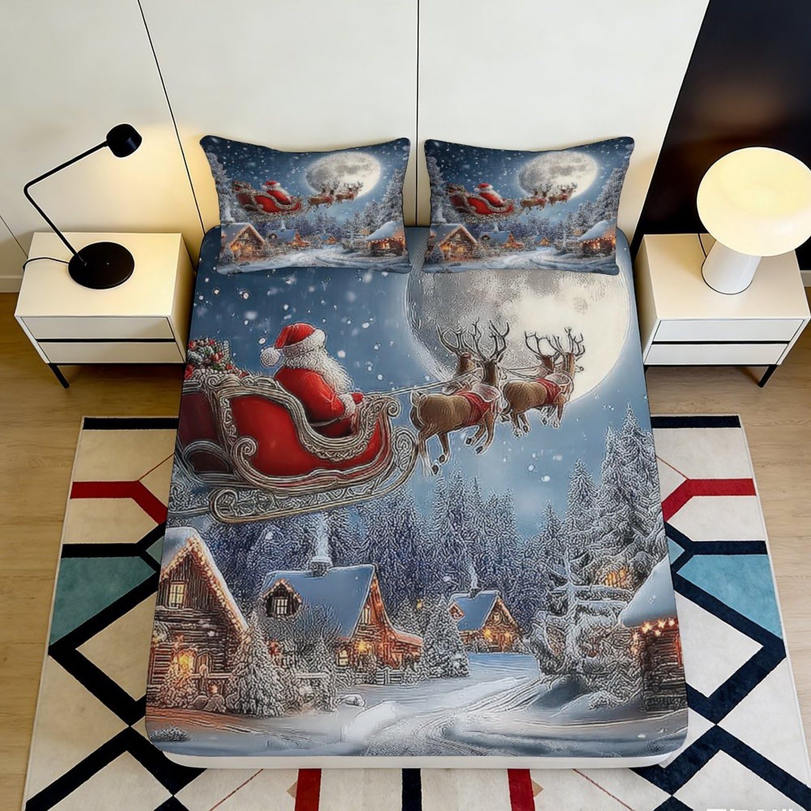 3D Printed Christmas Santa Claus Fitted Sheet Microfiber Soft Durable Snow Scene Bed Cover for Bedroom Dormitory Guest Room Mattress Protection 140x200x25cm
