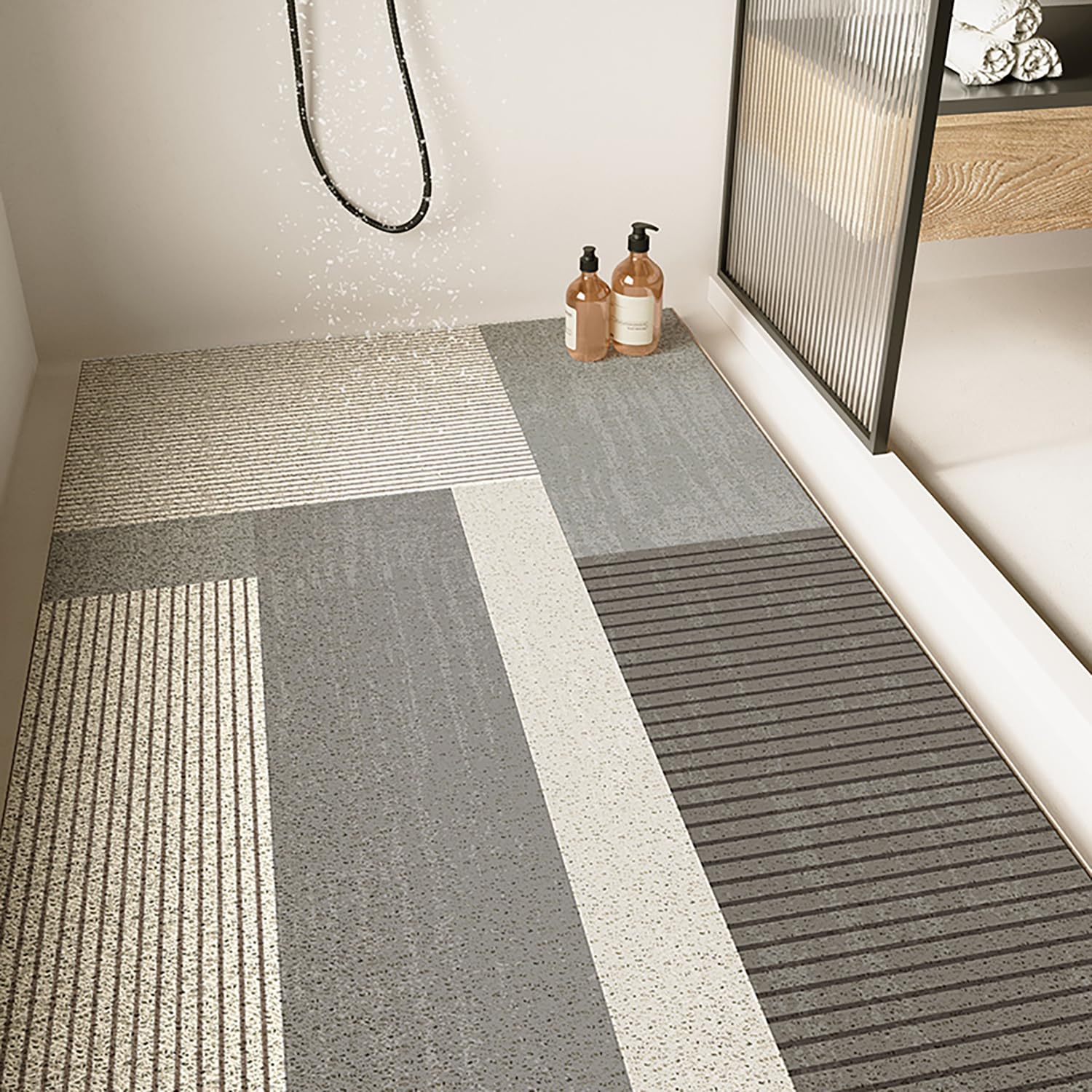 QYMYOZ Non-Slip Bath Mat 80x90cm Geometric Design Drainage Holes Luffa Shower Mat No Suction Cups Bathroom Rug Soft & Quick-Dry Anti-Slip Safety Mat
