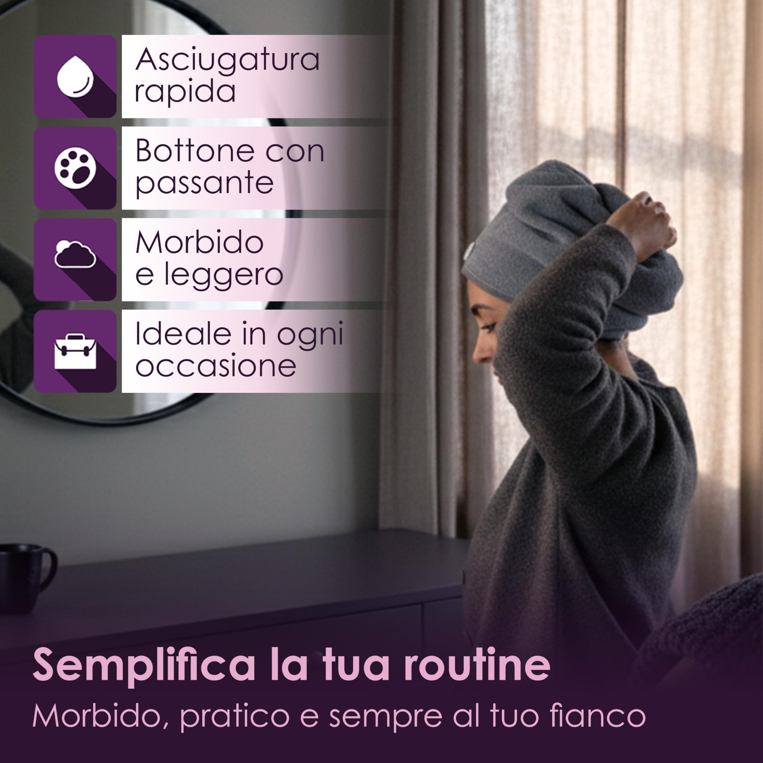 Generico Turbante Asciugacapelli in Microfibra 65x25 Cm Morbido e Assorbente con Bottone Antiscivolo