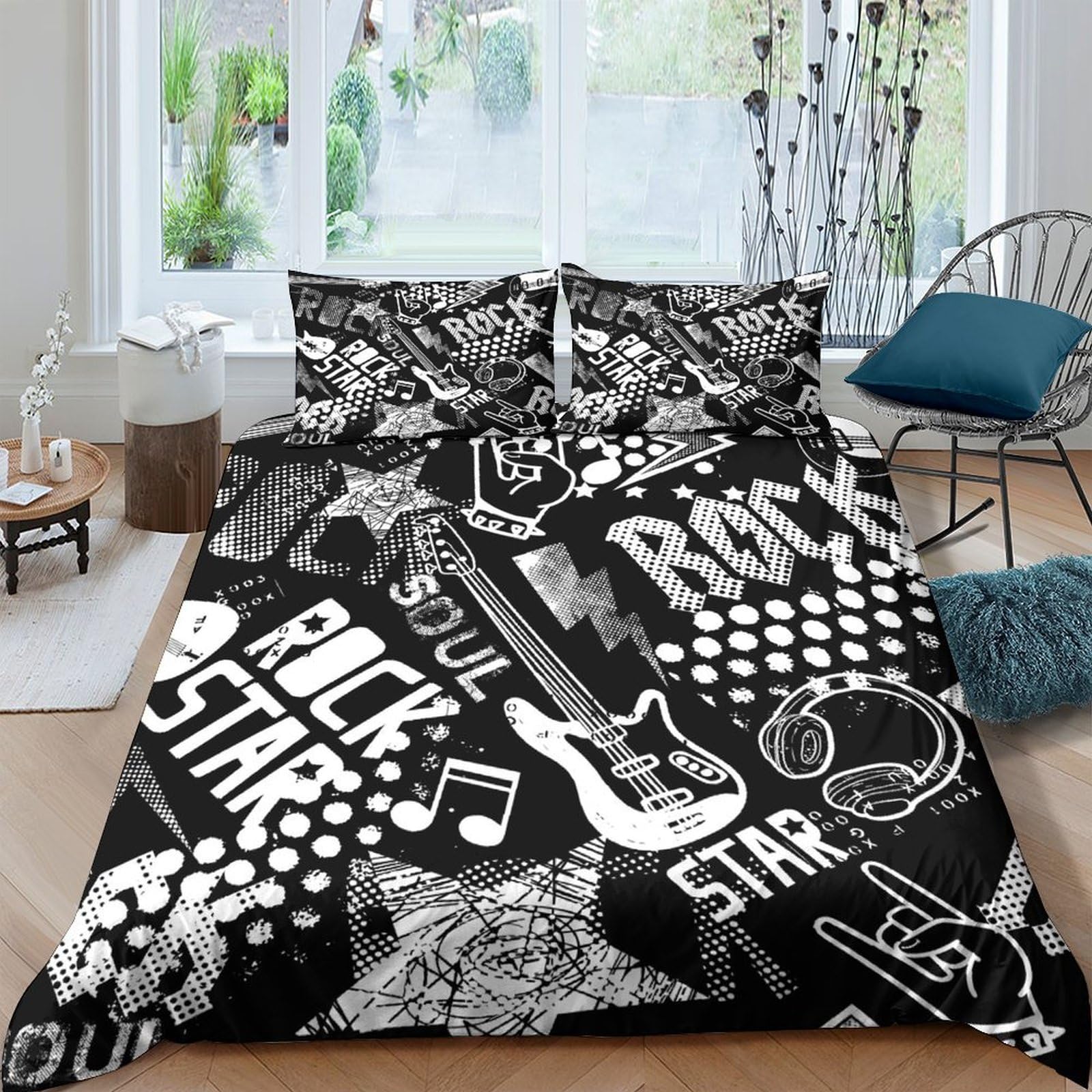 Ctjqhvkz Style-10 3D Printed Rock Music Fitted Sheet Microfiber Black White Guitar Headphone Bed Cover For Bedroom Dorm Mattress Decor Single（135X200cm）