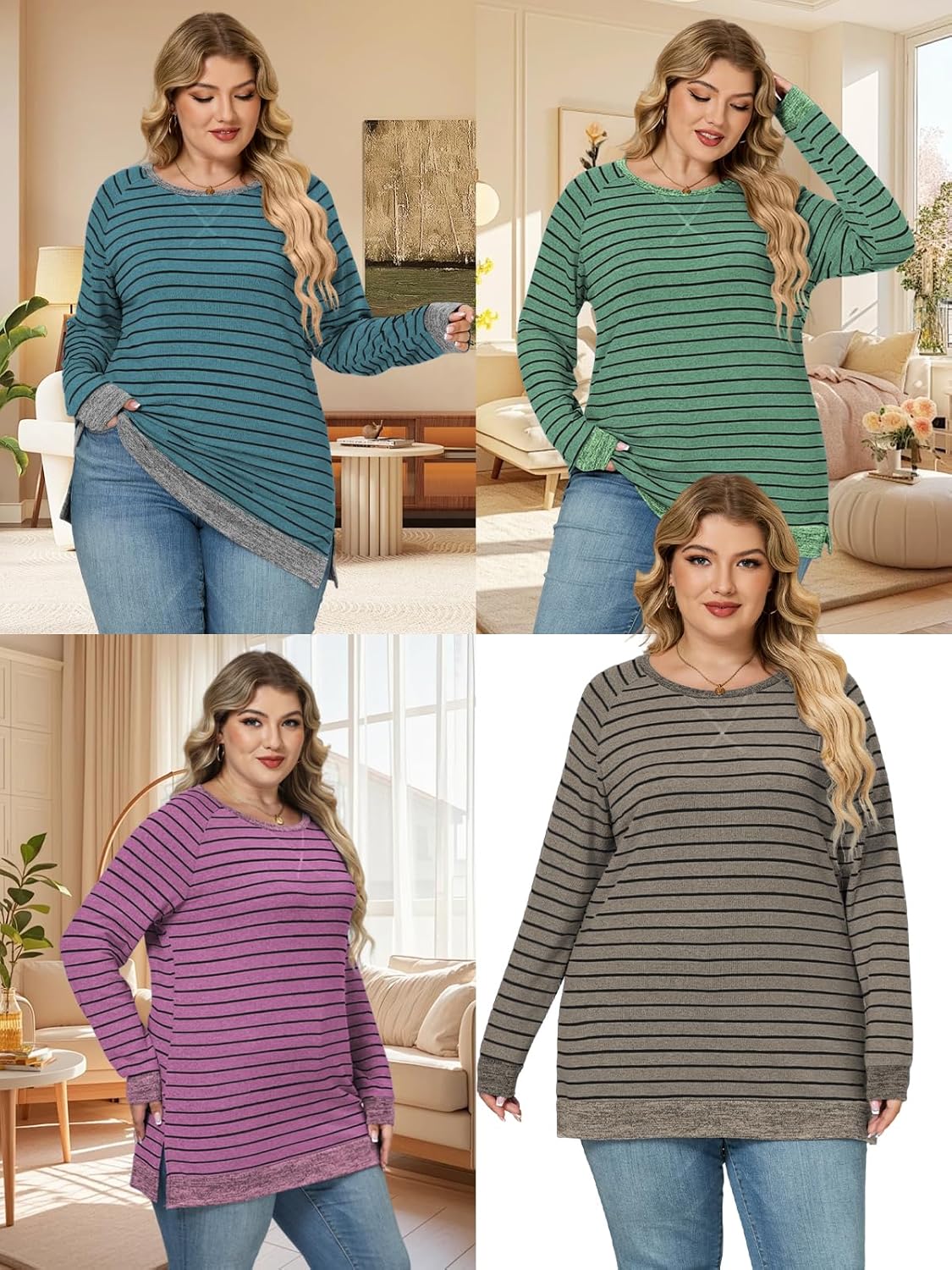 VISLILY Womens-Plus-Size-Sweatshirts Trendy Striped Color Block Tops Casual Raglan Long Sleeve Shirts Side Split Hem Tunics - Image 6