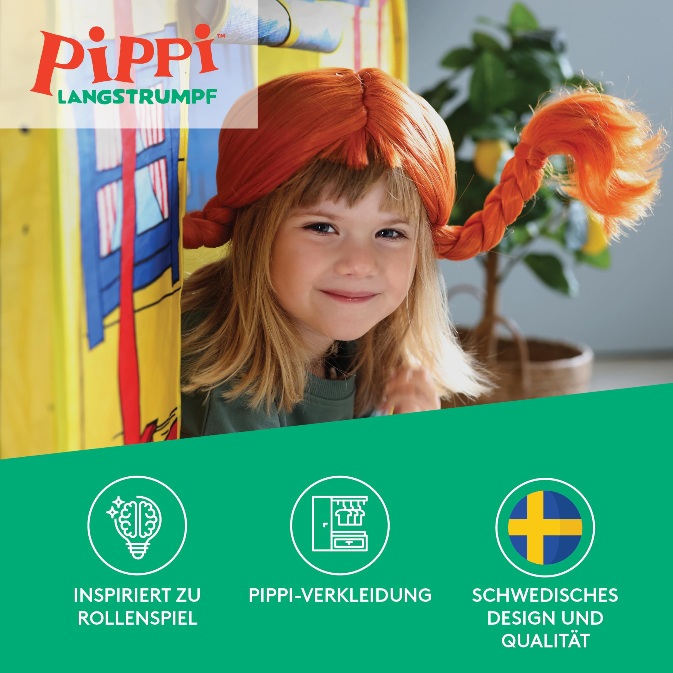 Pippi Langstrumpf Kinder Perücke - Original Lizenz - Fasching, Karneval, Halloween - Rote Haare, biegbare Zöpfe - Elastisch - 60 cm Kopfumfang - 3-6 Jahre