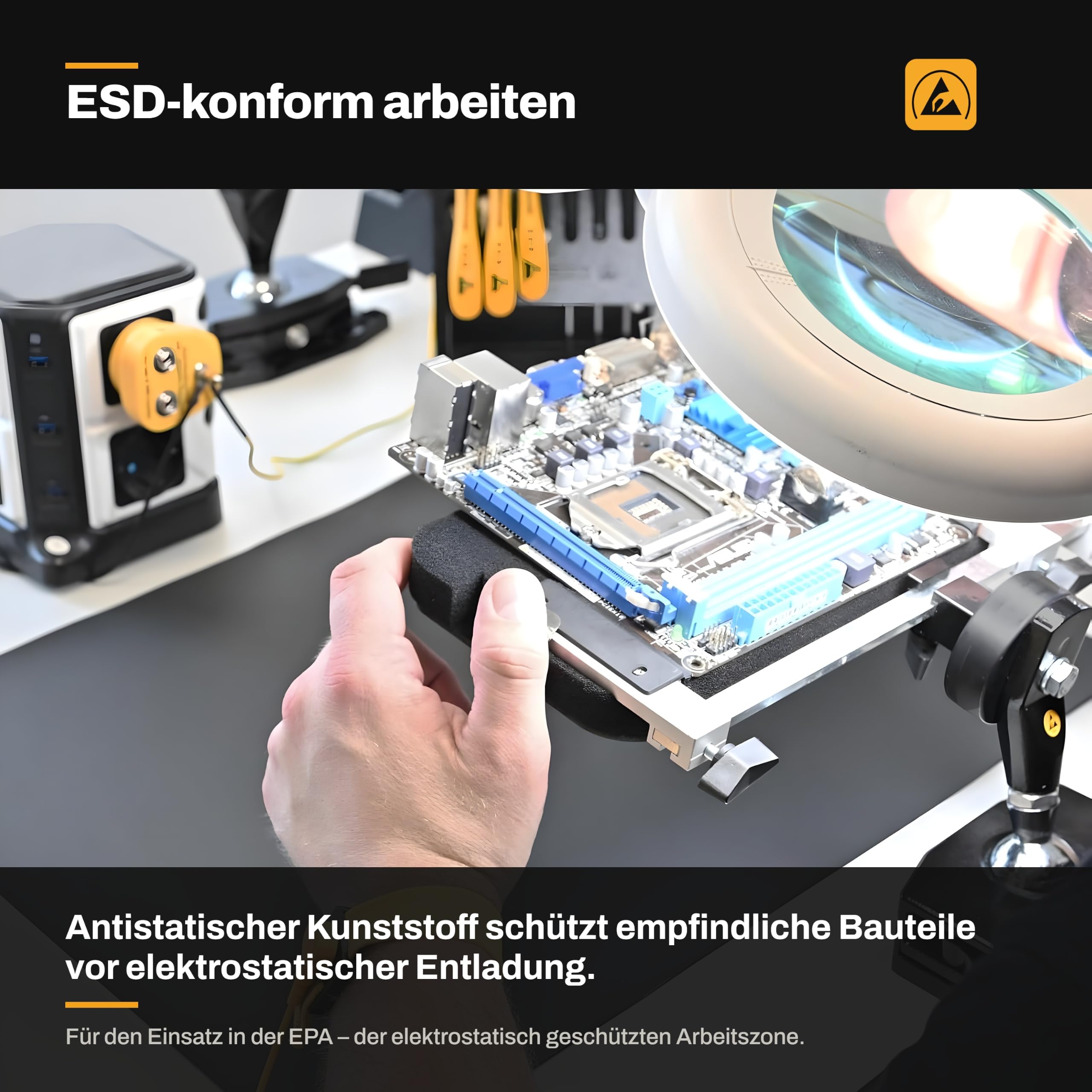 Bernstein ESD Set di 7 pinzette in plastica antistatica, pinzette di precisione per applicazioni di elettronica e laboratorio con supporto, pinzette a punta