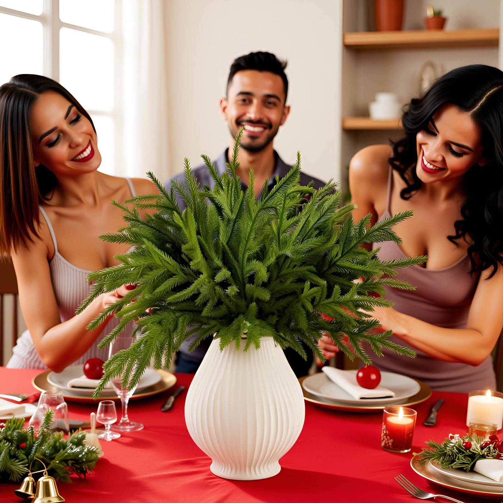 24Pcs Christmas Norfolk Pine Branches: 18 Inch Artificial Faux Realistic Real Touch Greenery Cedar for Vase DIY Craft Garland Wreath Indoor Home Decorations