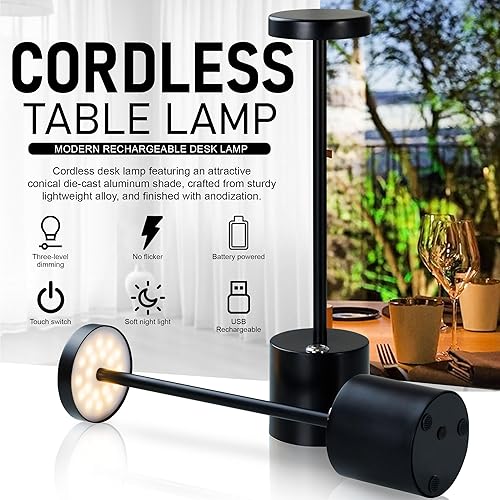 Miniatura 3 de Moss & Stone Paquete de 2 lámparas de mesa portátiles inalámbricas LED, lámpara de escritorio inalámbrica USB, lámpara de mesa recargable de 3000
