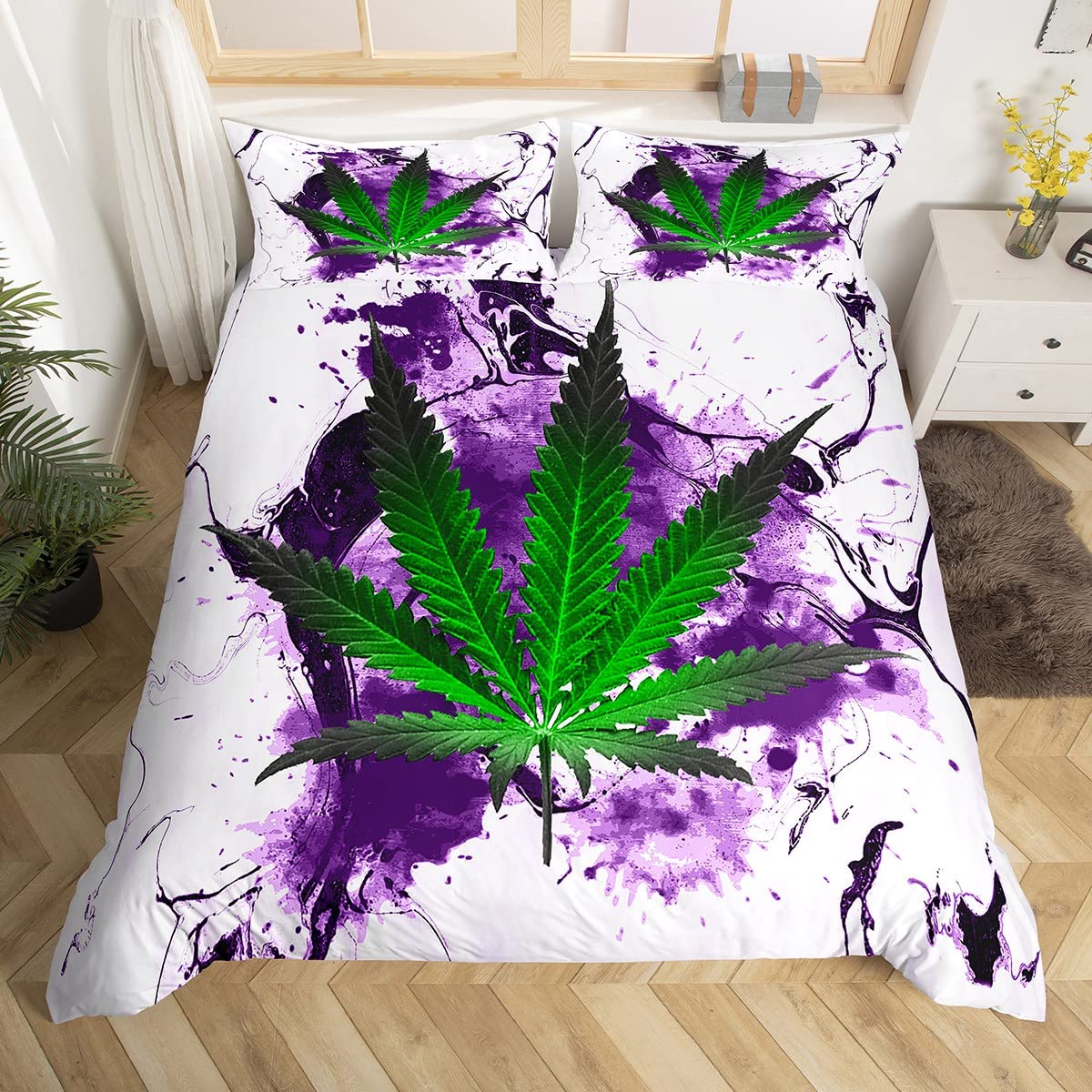 Marijuana Weed Bedding Set Women Men Cannabis Leaf Comforter Cover for Boys Girls Green Weed Purple Tie Dye Duvet Cover Breathable Chic Marble Bedspread Cover Quilt Cover Single Size โ image 1