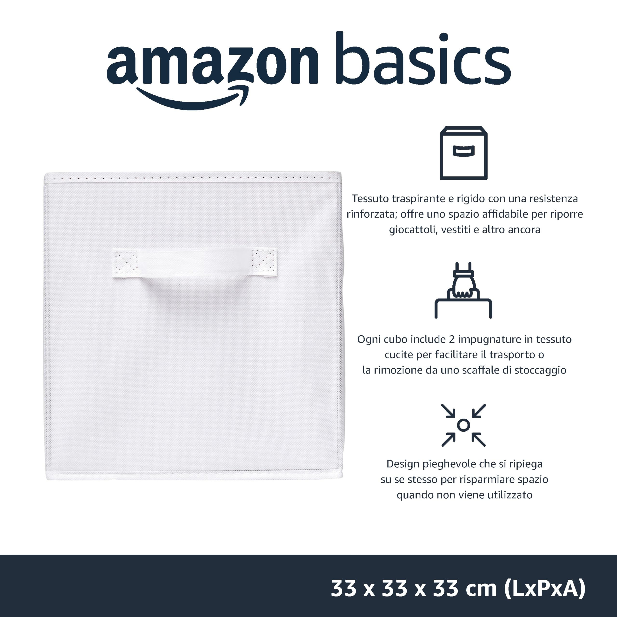 Amazon Basics Confezione da 6 cubi portaoggetti pieghevoli in tessuto, contenitori con maniglie - 33x33x33 cm, Bianco Tinta Unita