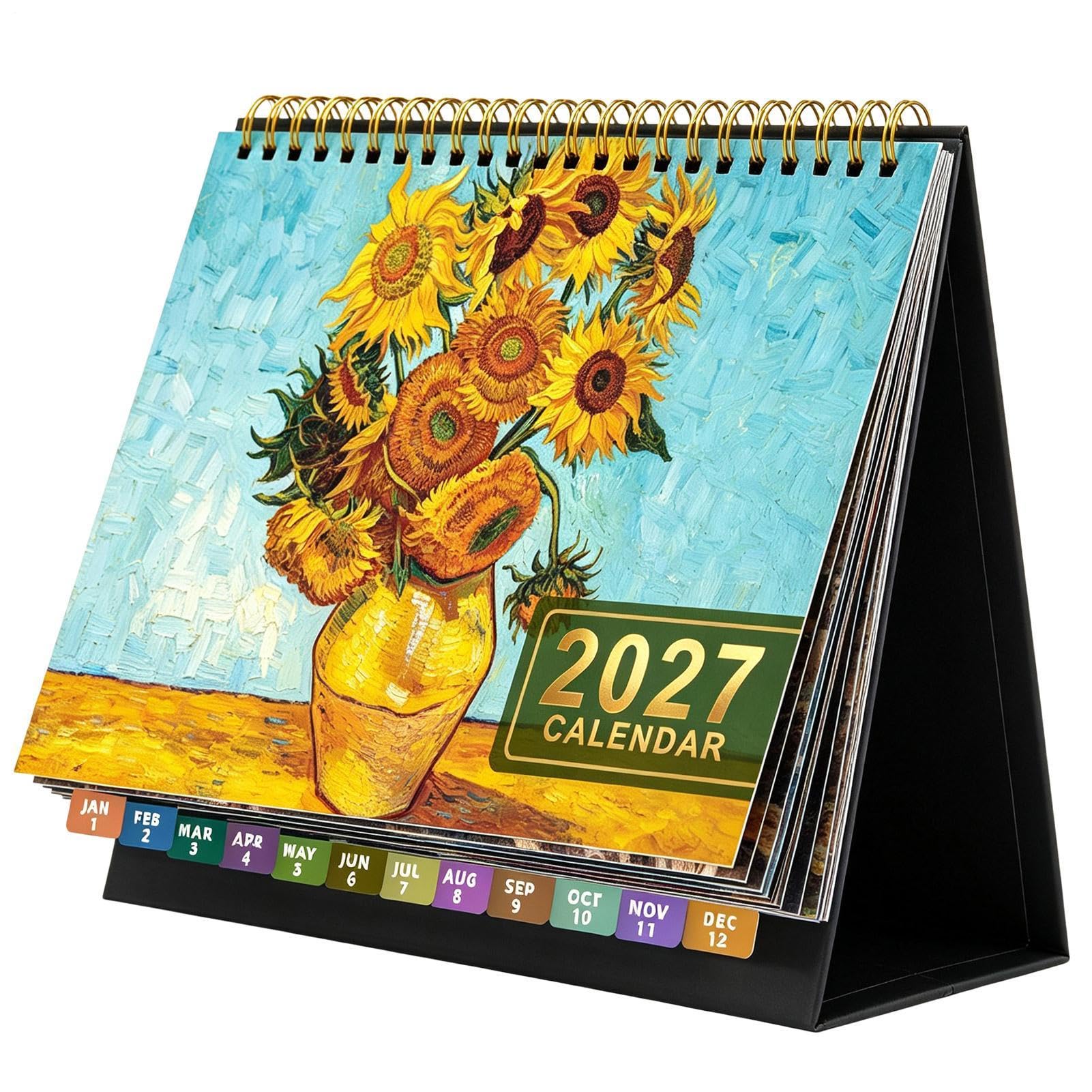 2027 Desk Calendar with Tabs and Stickers, Standing Desktop Calendar 2027