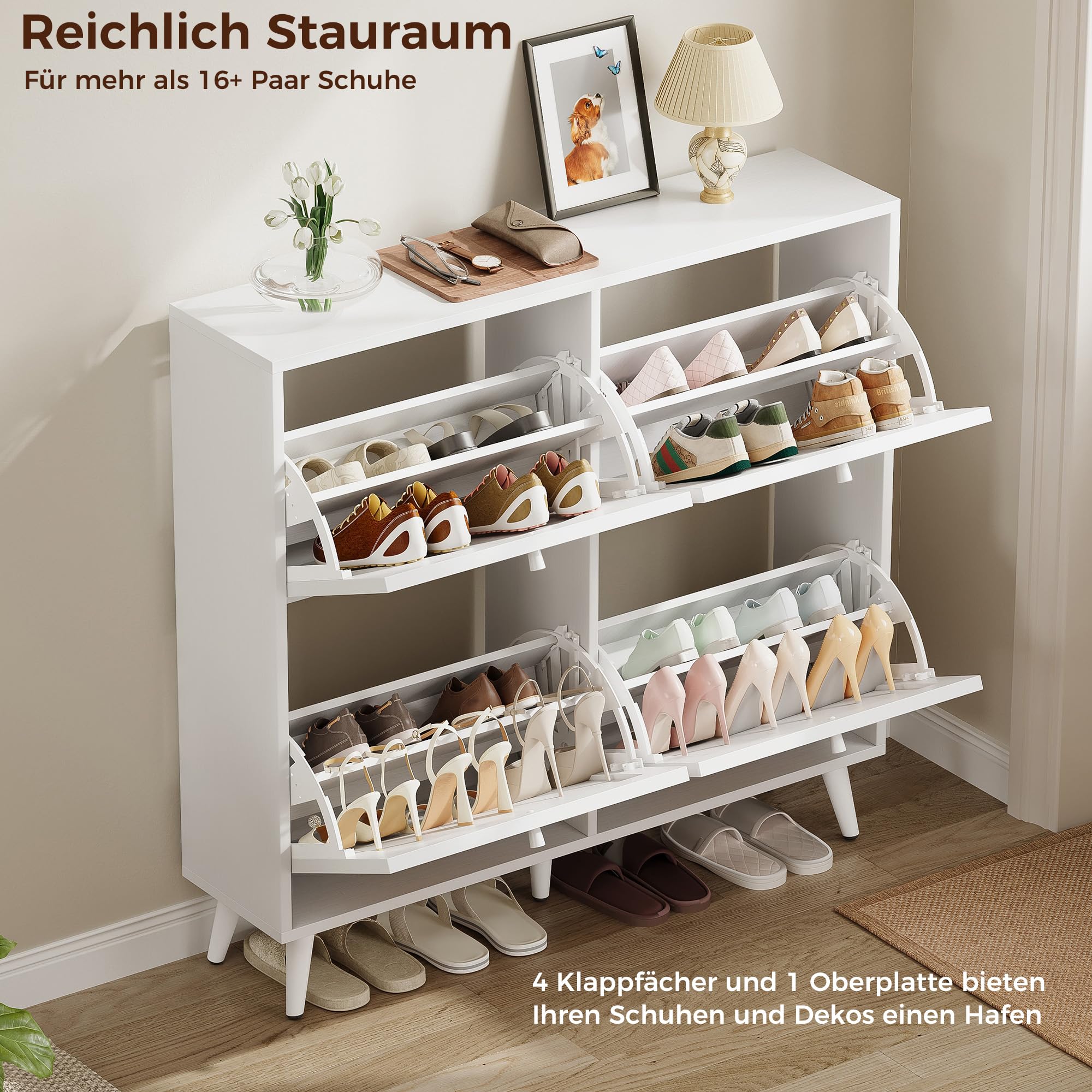 IRONCK Schuhschrank Rattan, schmal Schuhkipper mit 4 Klappen, Weiß | freistehende Schuhregal, Schuhkommode mit verstellbaren Trennwände Schuhablage Schrank für Flur Eingang, 100x24x95cm