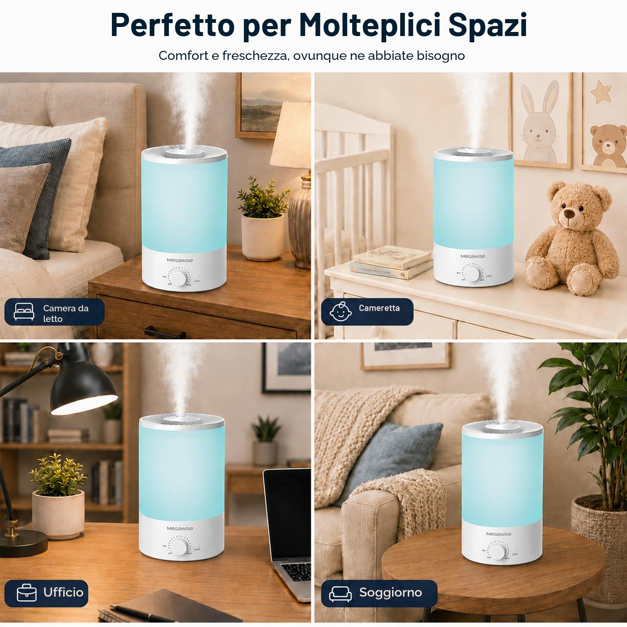 MEGAWISE 3.5L - Umidificatore a nebbia fredda con ricarica superiore, grande capacità, facile sicuro e comodo per la tua casa