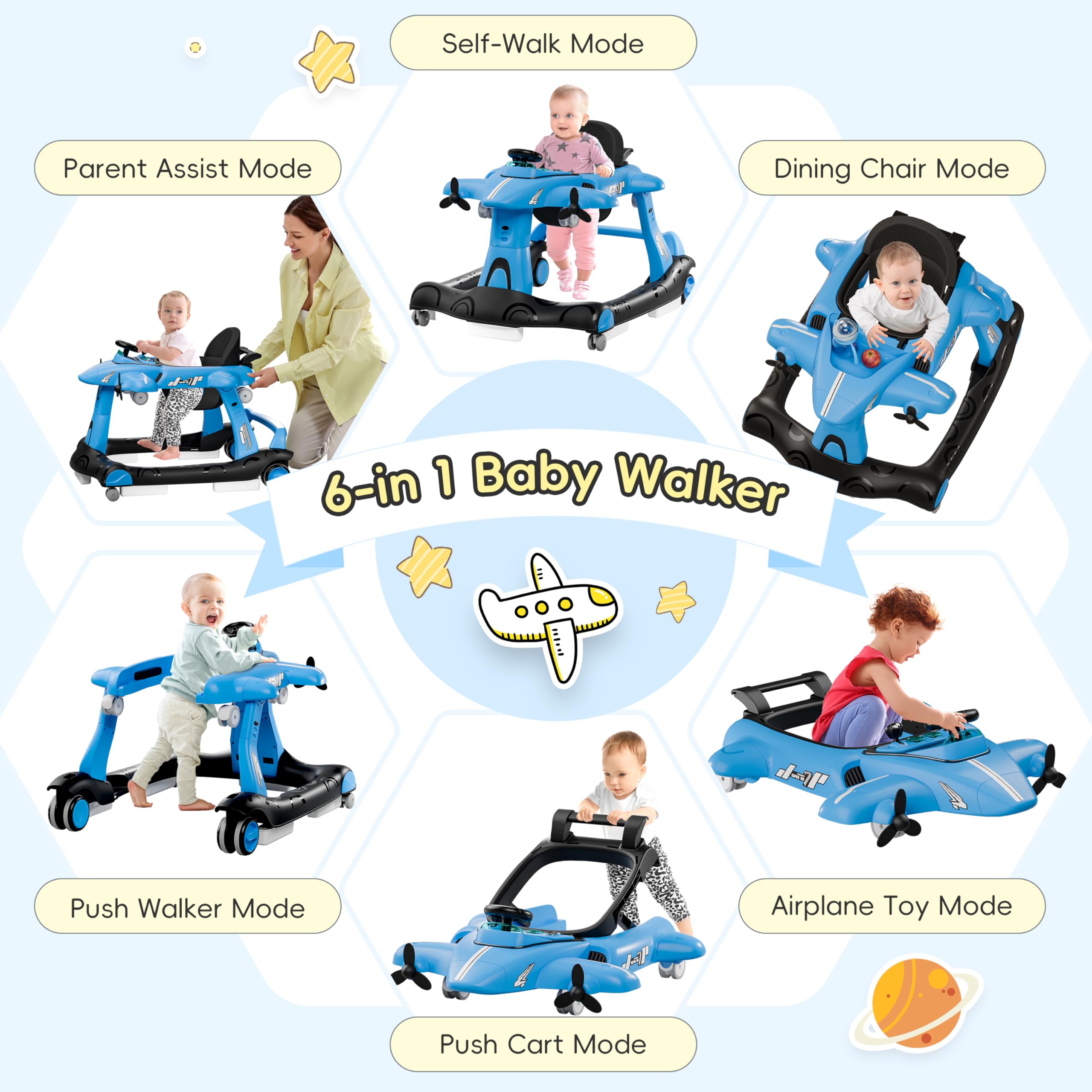 Xilingol 6-in-1 Baby Walker with Adjustable Speed Wheels, Adjustable Height Activity Walker with Padded Seat, Foldable Walker for Babies 6-12 Months, Toddler Push Walker for Boy & Girl 12-18 Months