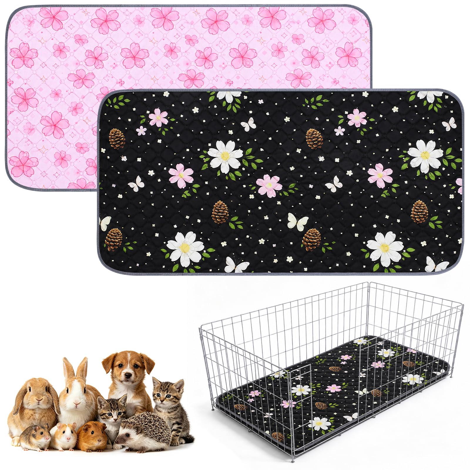 Fnaobai Guinea Pig Cage Liner 2 Pack Super Absorbent Washable Guinea Pig Pee Pads Waterproof Reusable Anti Slip Bedding Pee Pad Mat for Rabbit Bunny Rat (Flowers, 28 x 14 in/70 x 35 cm)