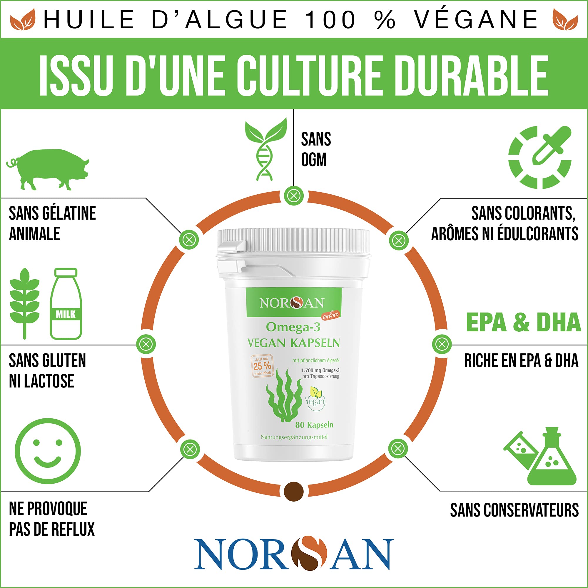 NORSAN Premium omega 3 vegan capsules 80 pièces / 1.700mg oméga 3 par dose journalière / omega3 végétalien avec 420 mg d'EPA & 840mg de DHA/vegan omega 3 issu de l'agriculture durable | 1 700 mg Omega 3 EPA DHA à partir d'algues - Sans reflux - Algues dur