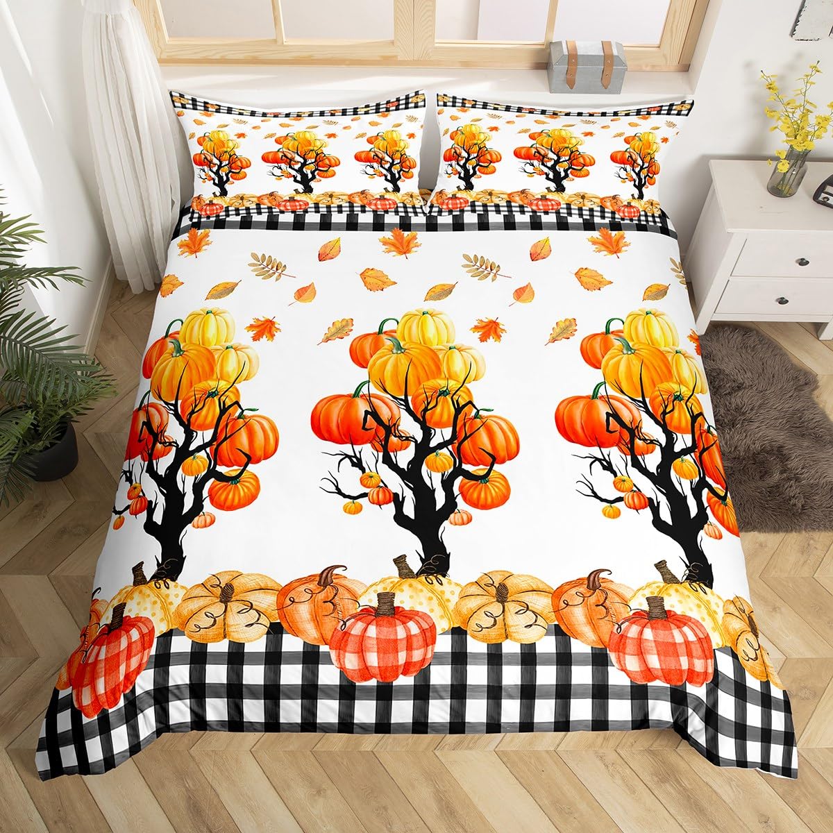 Manfei Pumpkin Duvet Cover Set King Size, Fall Leaves Trees Pumpkin Comforter Cover with 2 Pillowcases, Grey Black Plaid Bedding Set 3pcs for Kids Boy Girls Bedroom Decor Lightweight Bedspread Cover