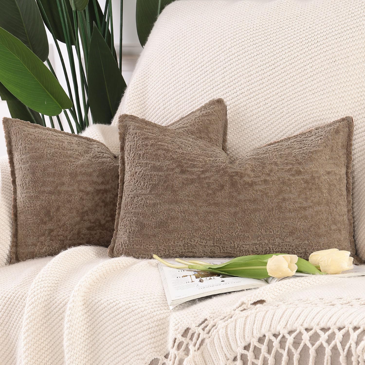 Madizz Pack of 2 Chenille Velvet Cushion Covers 30x50 cm Taupe Soft Neutral Decorative Throw Pillow Covers Accent Boho Pillowcases for Couch Sofa Modern Farmhouse Home Decor