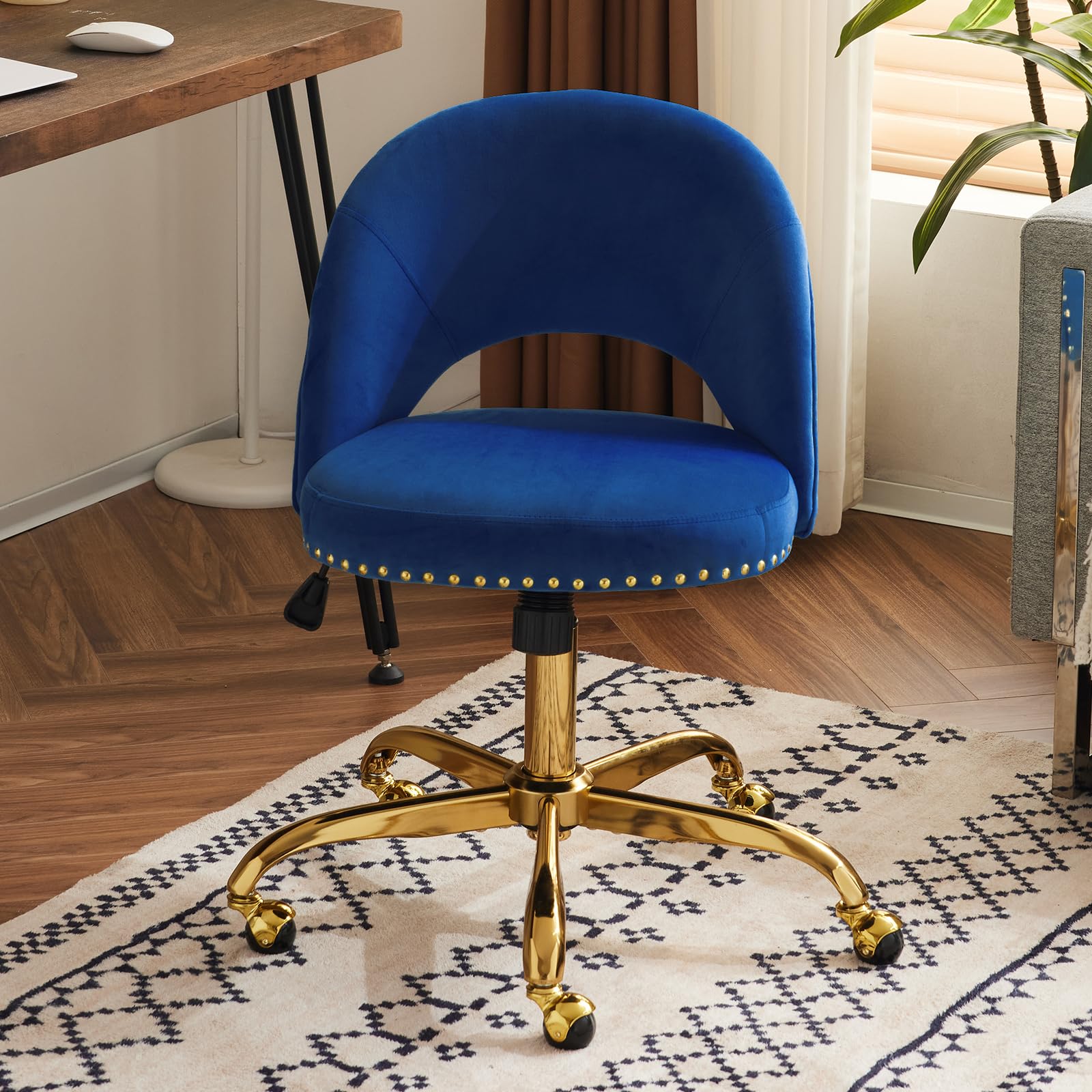 VINGLI Modern Velvet Small Office Chair,Cute Desk Chair with Wheels,Gold Base/Studs, Comfy Armless Swivel Vanity Task Chair for Women/Girl/Kids, Nail