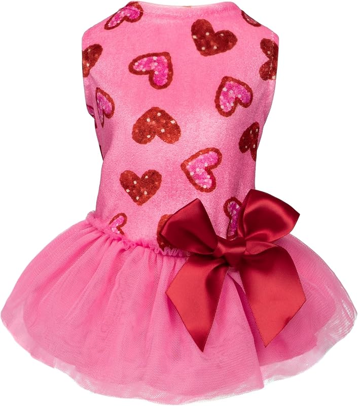 Vestido para Cães Pequenos com Estampa de Corações e Saia de Tule Fitwarm Rosa e Vermelho XXS