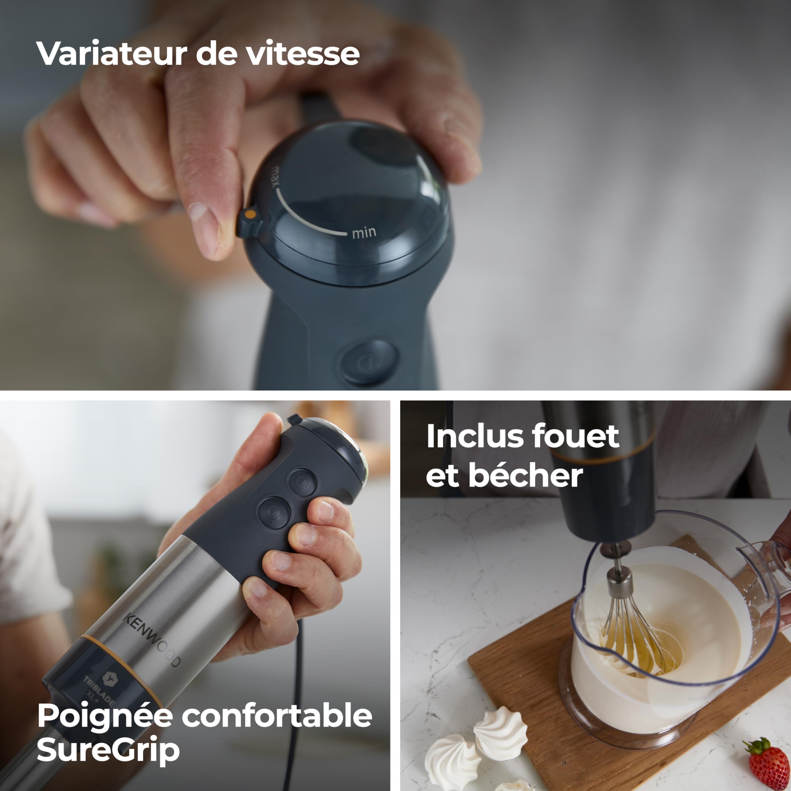 Kenwood HBM60.007GY, Mixeur Plongeant avec accessoires fouet en métal, bécher avec bec verseur, presse-purée métallique, 2 vitesses, 1000W, système Triblade, Tige XL, poignée SureGrip