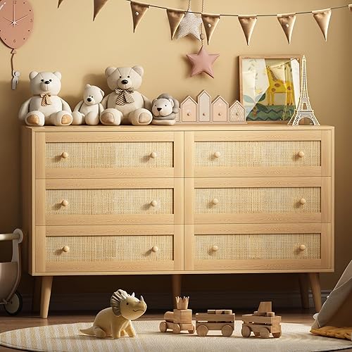 Miniatura 4 de Cómoda de ratán para dormitorio, cómoda moderna de 6 cajones y cómoda, cómoda bohemia natural con asas, organizador de almacenamiento de madera,