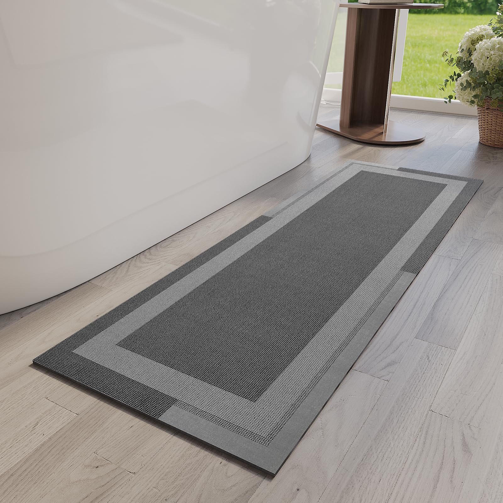Quqei Non Slip Long Bath Mat Bathroom Runner, Rubber Backing Ultra Thin Bathroom Rugs Fit Under Door Quick Dry Super Absorbent Washable Bath Rug Shower Mat for Bathtub Sink Floor, Dark Grey 43x120 CM