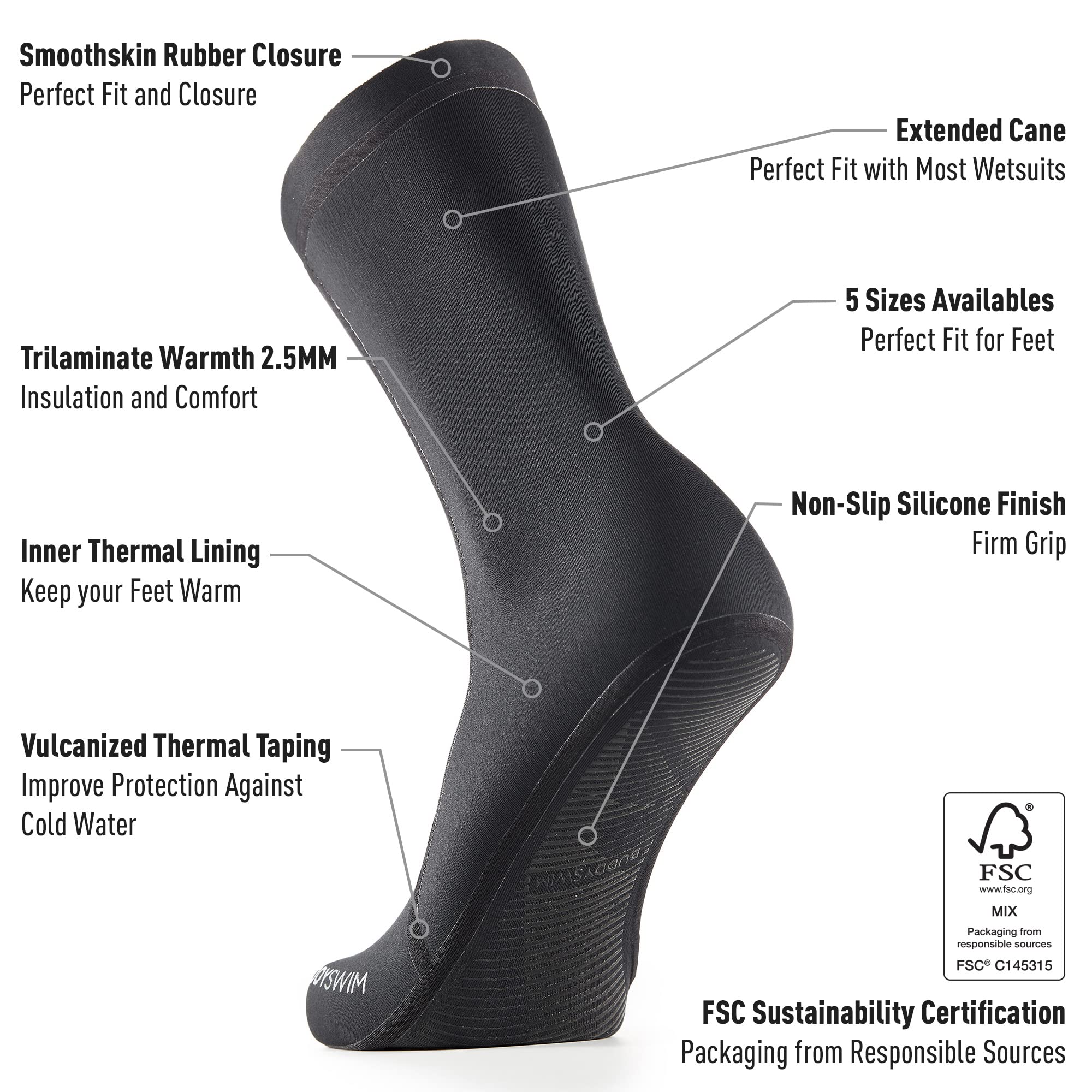 Calzini Sportivi in Neoprene da 2,5 mm per Il Nuoto in Acque Libere. Winter Socks Isolanti dal Freddo per Immersioni, Scuba Diving, Surf e Lavori in Acqua.