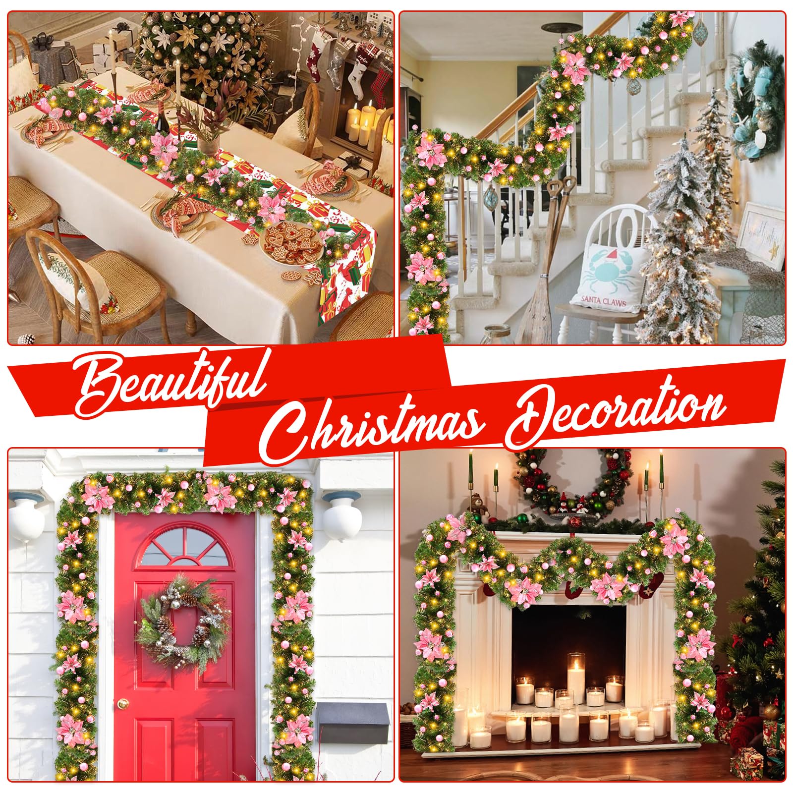 Weihnachtsgirlande, 2,7 m Weihnachts-Rattan, künstliche Blumenranken, Pflanzen, Innen- und Außenbereich, Garten, Kamin, Treppe, Tür, Weihnachtsgirlanden, Dekorationen, batteriebetrieben