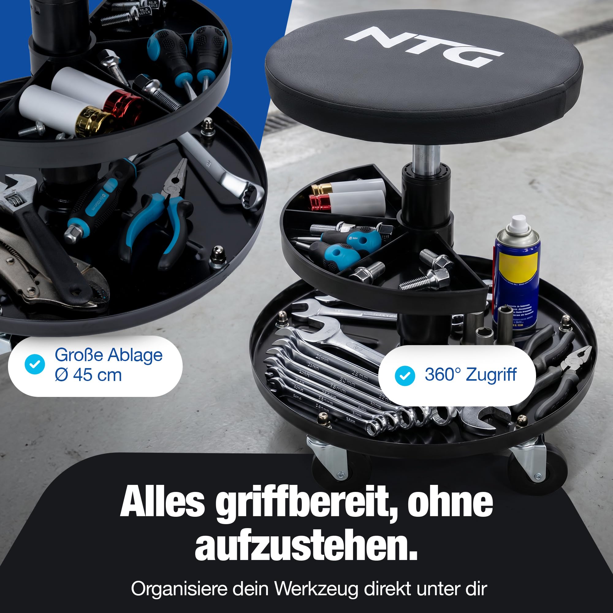 NTG Rollhocker Höhenverstellbar bis 55 cm – Werkstatthocker bis 100 kg mit 5 Rollen & Ablageschale – Drehhocker Werkstatt – Montagehocker mit PU Sitzpolster – Werkstattsitz für Garage KFZ Werkstatt