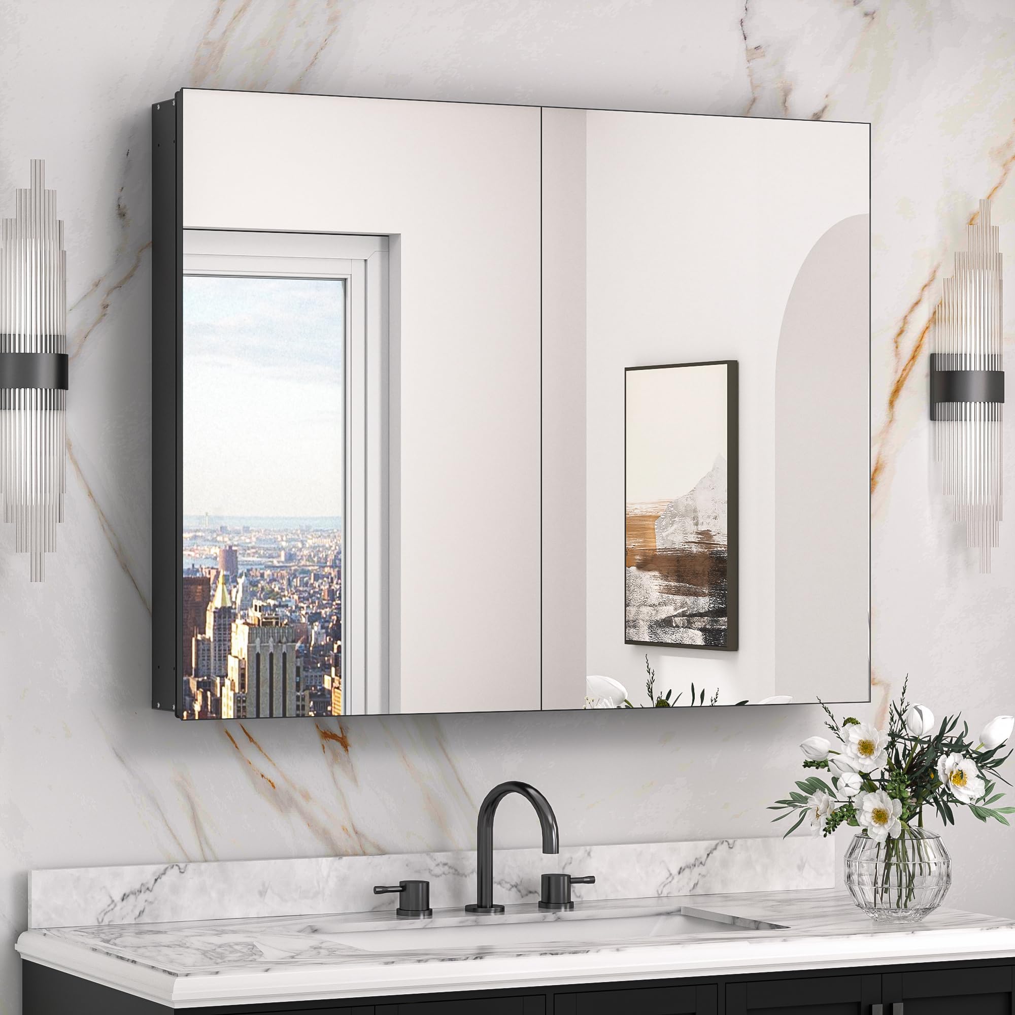 Keonjinn 40 x 32 Inch Large Medicine Cabinet for Bathroom, Black Lightweight Combined Double Doors Mirrored Cabinet, Assembly Needed, Recessed or Wall