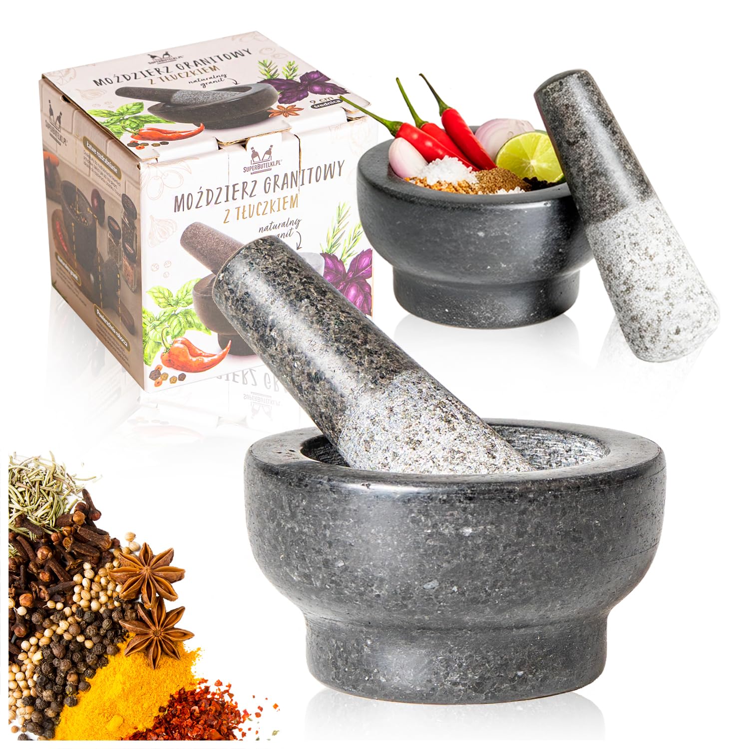 Moździerz granitowy z tłuczkiem – wytrzymały moździerz z kamienia naturalnego, 9 x 5 cm, do przypraw, ziół, pesto i past, antypoślizgowy, trwały, idealny do kuchni i gotowania