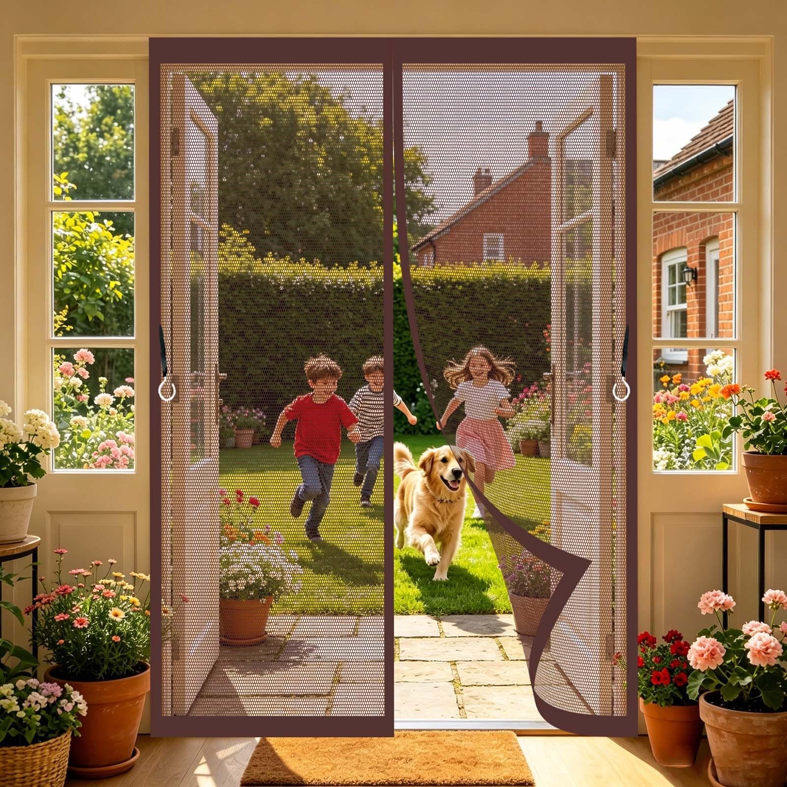 Guoyfen Brown Magnetic Screen Door 92 X 193 Cm Full Frame Magic Tape, Magnet Silent Closure, No Punching Magnetic Curtain Adhesive Installation Without Drilling For Front Back Door,