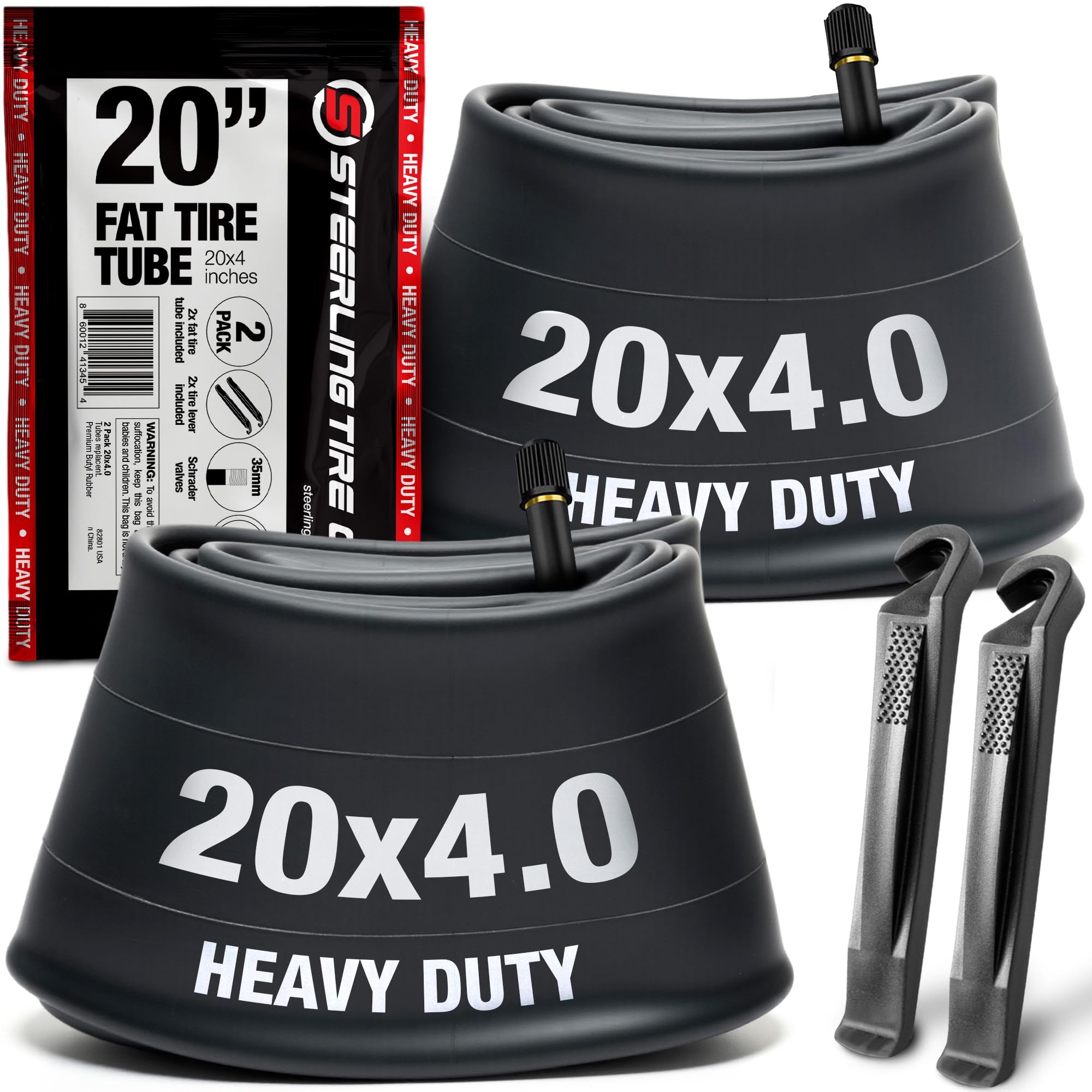 20x4.0 Fat tire Tube (2 Pack) - Heavy Duty Replacement for E-Bikes with 20x4.0 Fat tire Wheels. Schrader Valve with 2 Tire Levers Included. Inner Tube for 20 inch Ebike Electric Bicycle