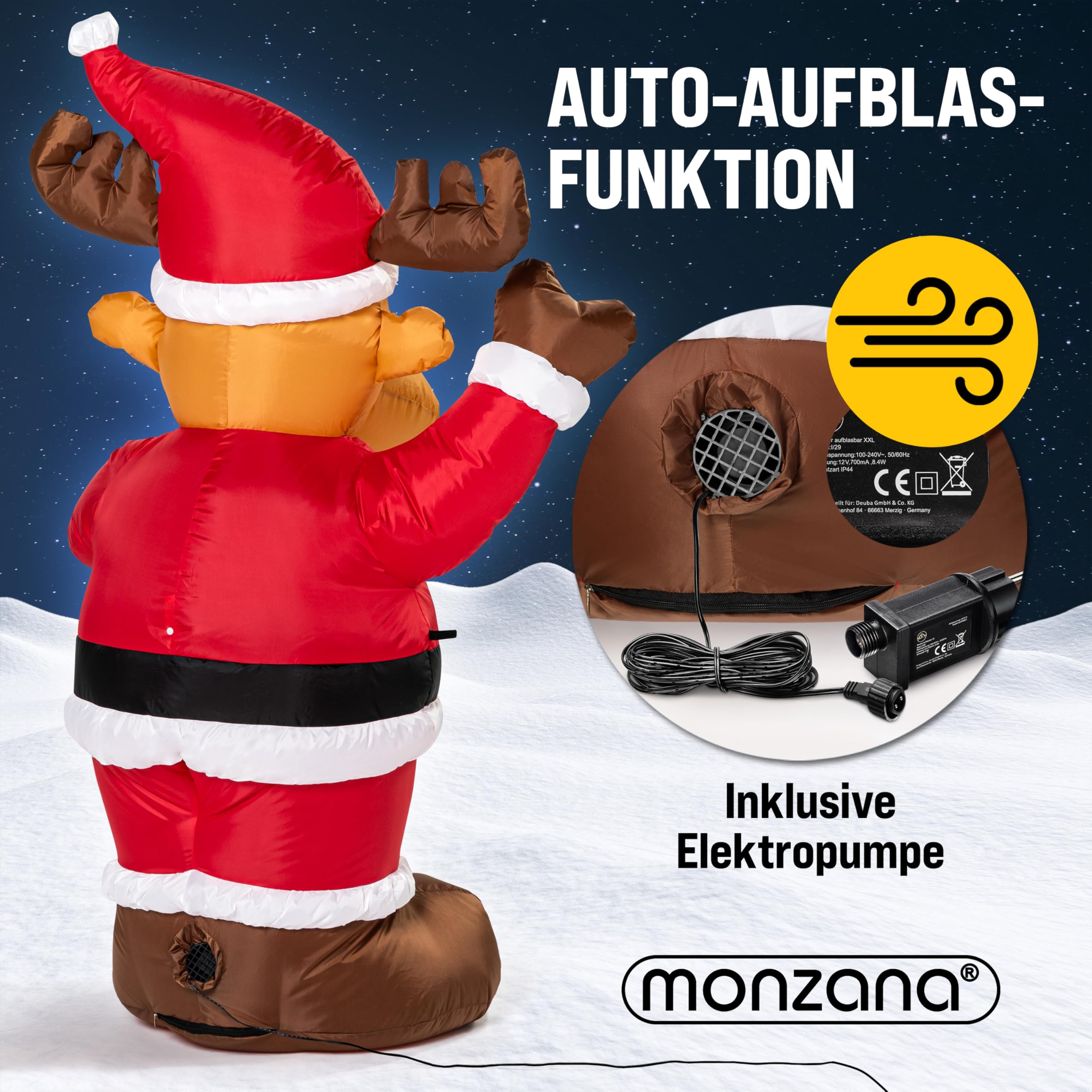 MONZANA® Aufblasbares Rentier 135cm LED Beleuchtet Befestigungsmaterial IP44 Außen Witterungsbeständig Weihnachtsdeko Weihnachtsfigur Christmas | 135 cm, LED, Beleuchtet, Befestigungsmaterial, IP44, Außen, Witterungsbeständig, Weihnachtsdeko, Weihnachtsfi