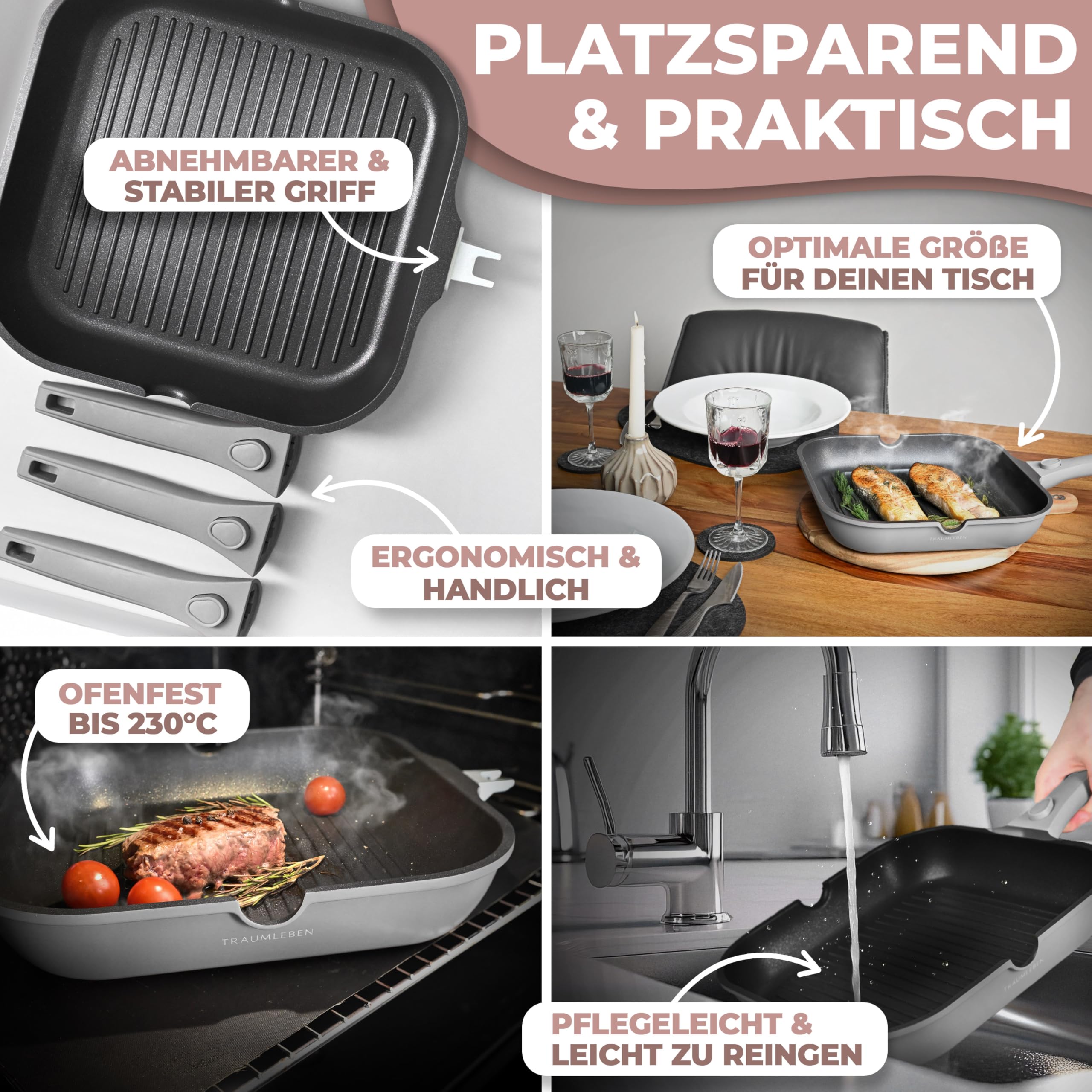 TRAUMLEBEN Padella Grill 28 cm con beccuccio – antiaderente per induzione, manico removibile, PFOA free, adatta al forno, ideale per bistecca (grigio)