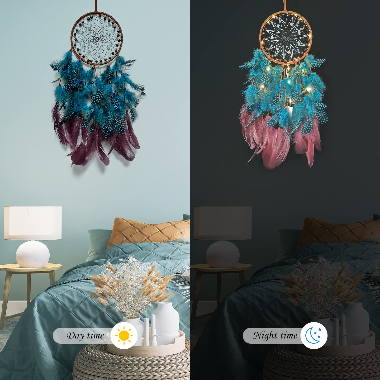 Acchiappasogni LED Con Piume - Dream Catcher Illuminato Per Camera