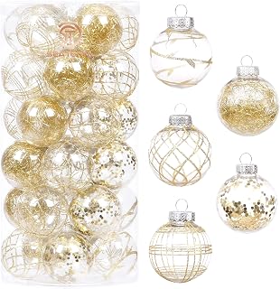 Sea Team 60mm/2.36" Shatterproof Clear Plastic Christmas Ball Ornaments Set with Glitter Painting, Transparent, See-Through, Crystal Baubles, Xmas Tree Decorations (30 Counts, Gold)