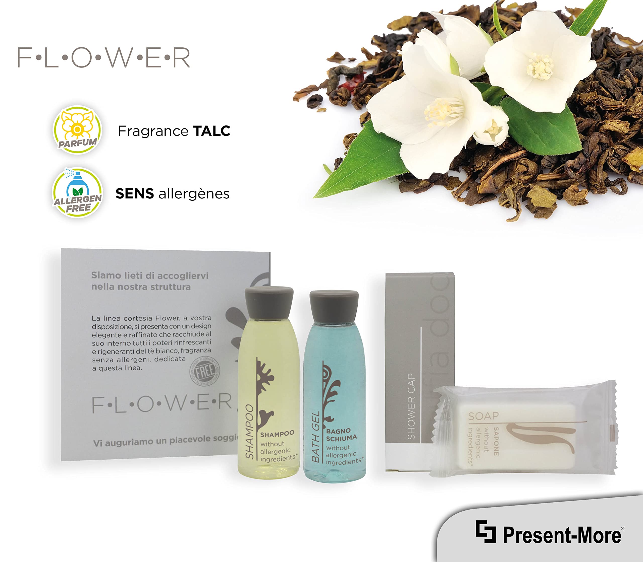 PRESENT-MORE - Kit Accueil 20 Invités Flower - Parfum Thé Vert - Contenu: Shampooing, Gel Douche, Savon et Bonnet de Douche - Pour Hôtels et B&B