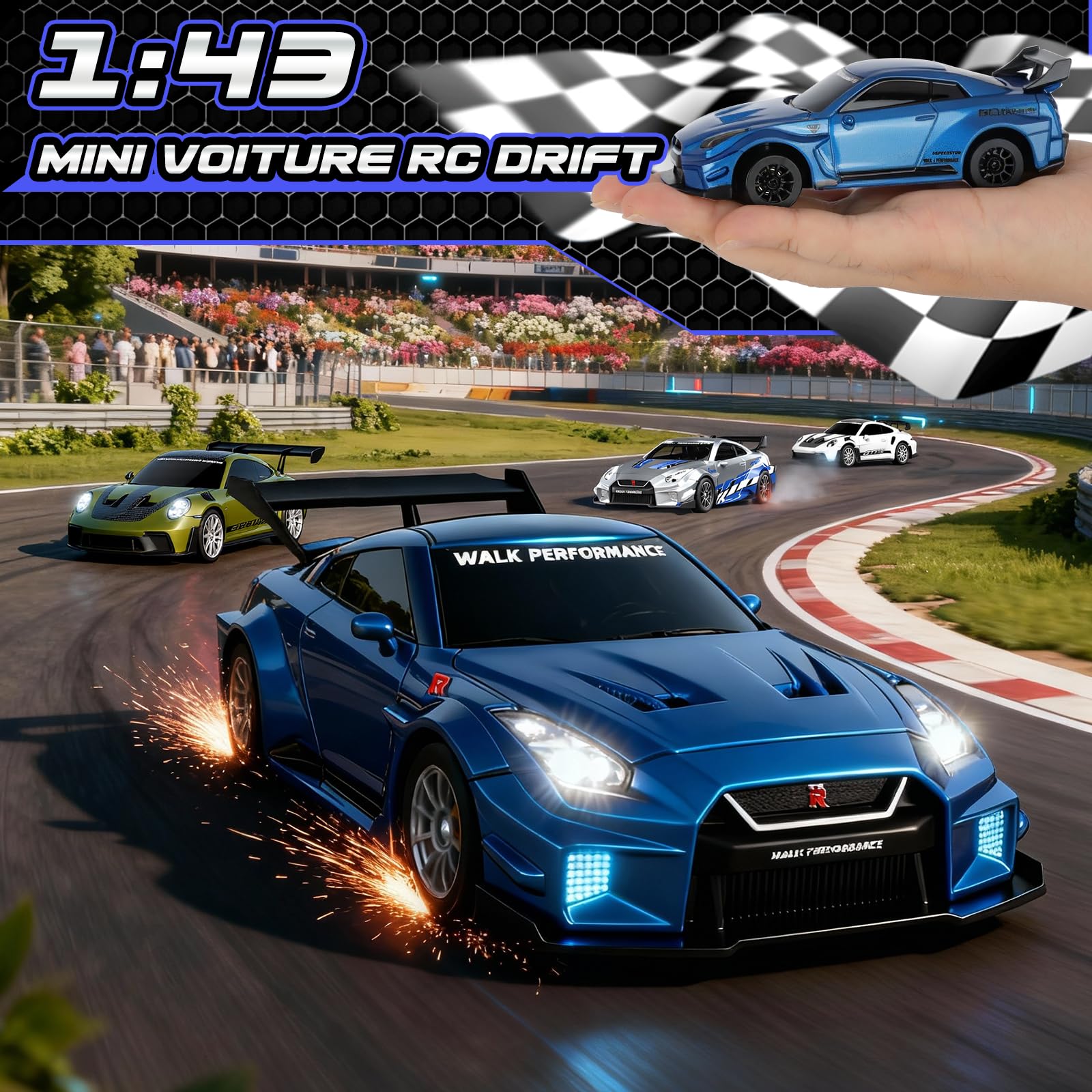 YOOHBERRYS Voiture Télécommandée Drift Pro, 1:43 Mini RC Drift Car, 4WD Dérive Car, Mini Voiture Télécommandée avec Gyros, Lumière LED, 15km/h, Cadeau de Jouet pour Les Enfants de 14+ Ans (Bleu)