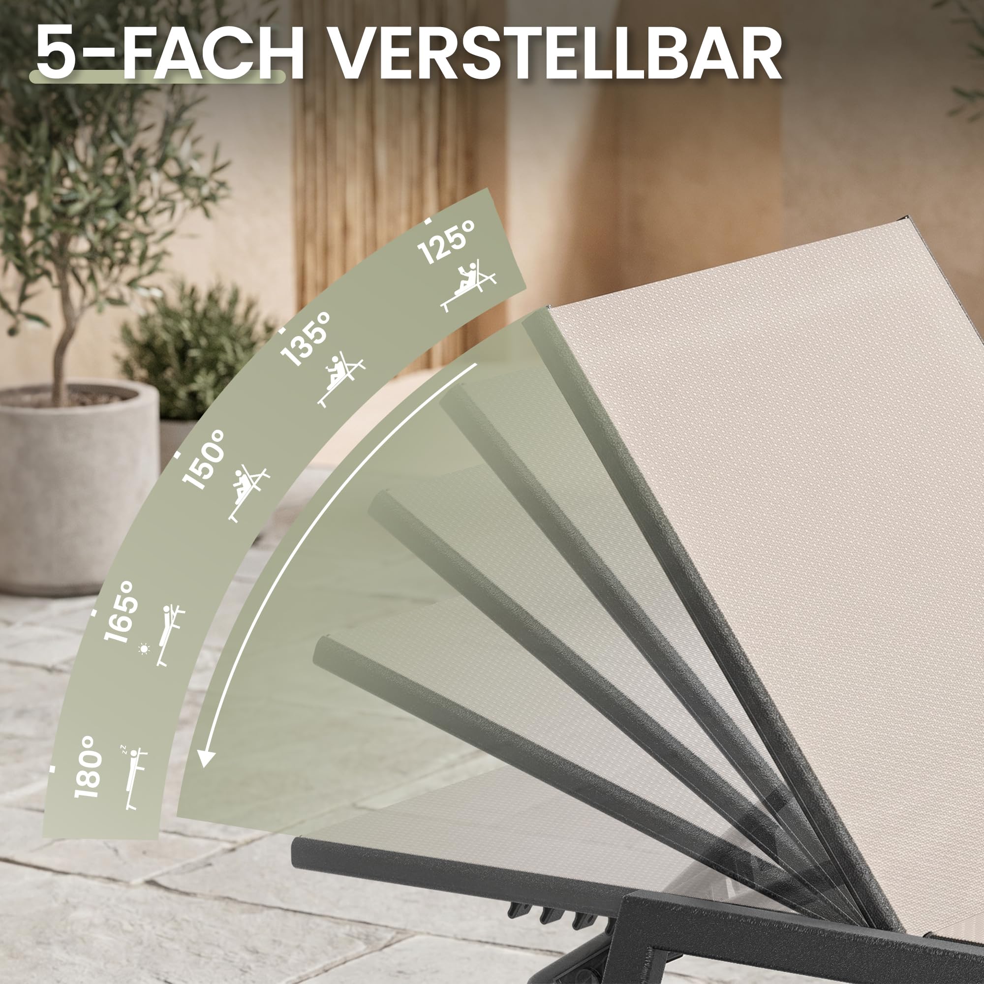 UDPATIO Sonnenliege 2er Set mit Tisch, Gartenliege wetterfest mit Rollen, 5-Fach Verstellbar, Relaxliege, Liegestuhl für Garten, Poolbereich, Balkon, bis 150 KG, 3-teilig, Beige