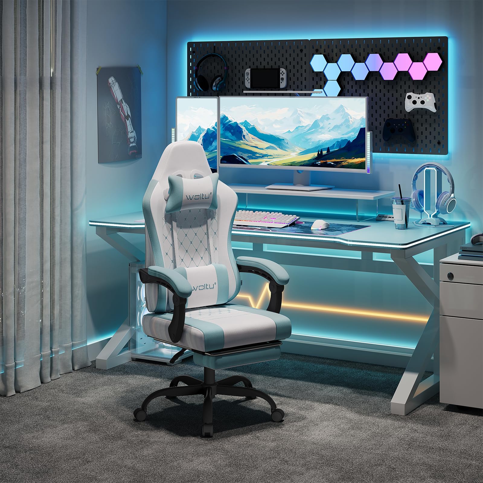 WOLTU Silla Gaming Ergonómica, Silla Oficina con Soporte Lumbar Masaje y Reposapiés Extraible, Silla Giratoria con Gran Asiento de Muelle, Capacidad de 150 kg, Tela de Malla Blanco+Azul,GS15bws