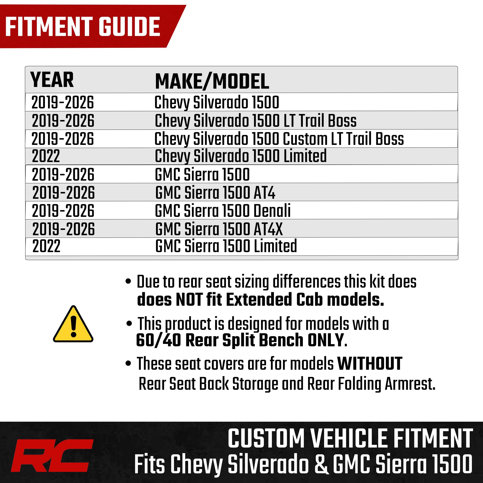 Rough Country Leather Seat Covers for Chevy Silverado 1500 & GMC Sierra 1500 Crew Cab (2019–2026) – Front Buckets & 60/40 Rear