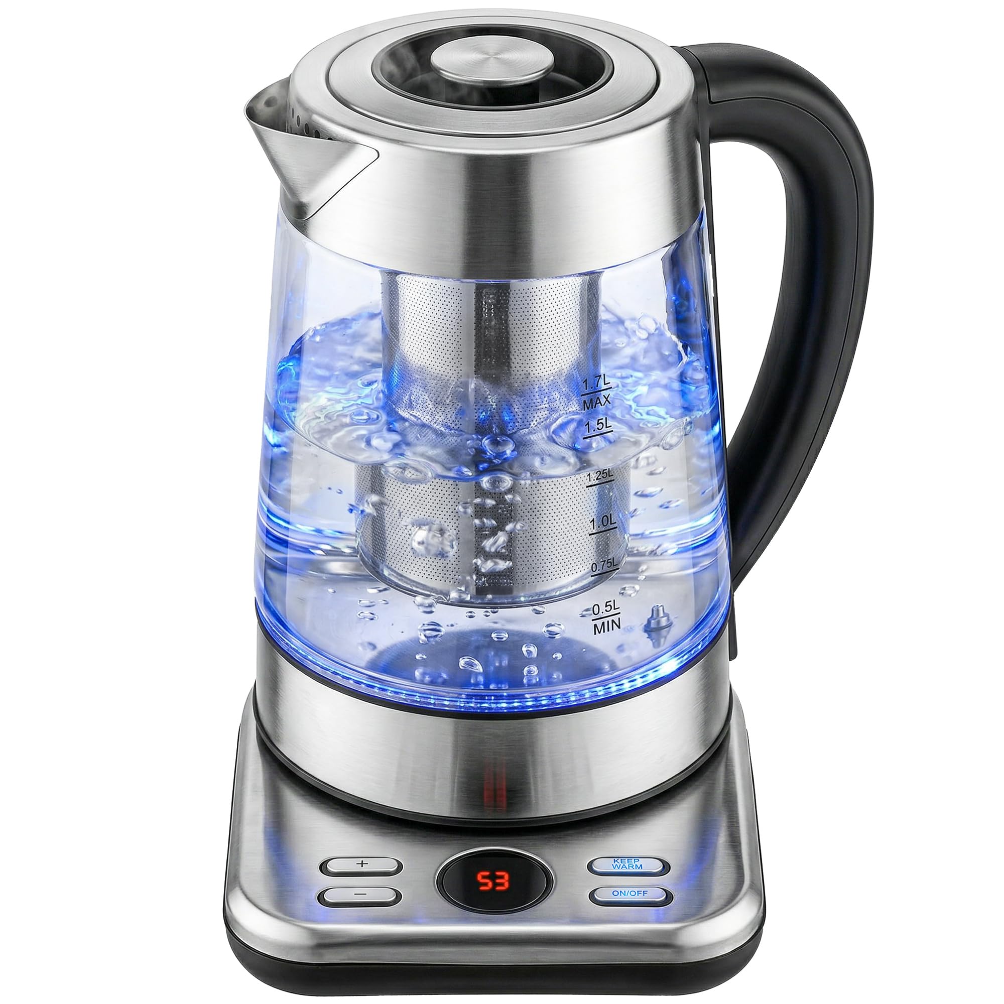 HOMCOM Hervidor Eléctrico 1.7L 2200W UK Strix Termostato Plateado | Hervido rápido, acero inoxidable, infusor té, mantener caliente, apagado auto., protección ebullición seco
