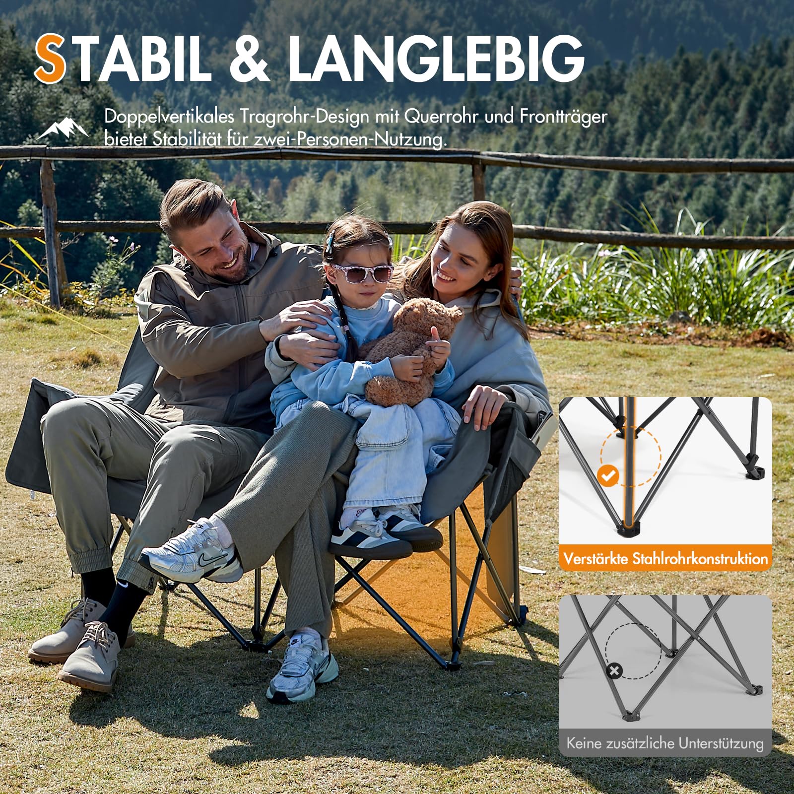 Portal Campingstuhl faltbar Campingsofa für 2 Personen 272kg belastbar Super Weich mit Lagerungstasche Doppel Klappstuhl Faltsofa Dick Gepolstert Hohe Rückenlehne für Outdoor Garten Balkon