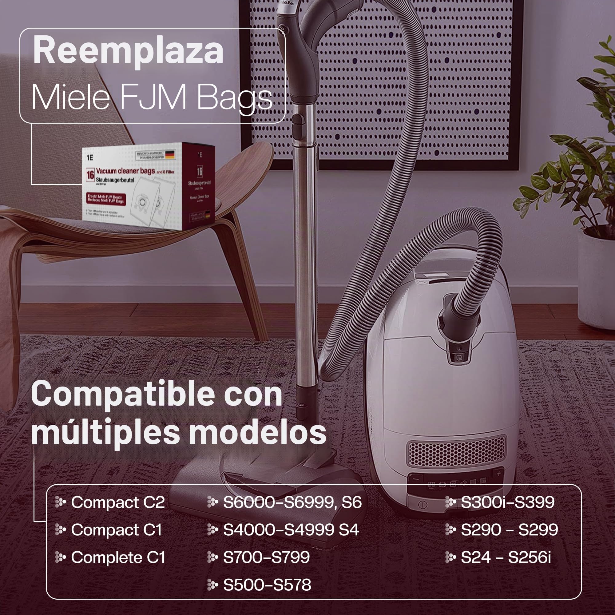 16 bolsas para Miele [Compact C2/C1, Complete C1] – sustituye FJM – con 4 filtros motor & 4 escape – compatible con S6000–S200 – sustituye 9917710, 10408420